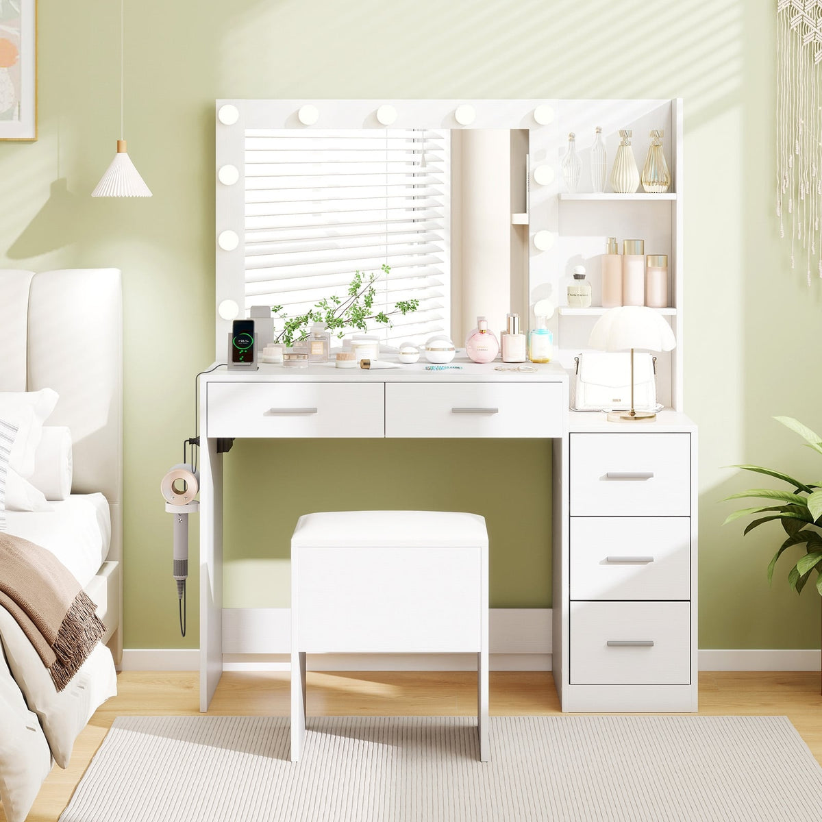 Makeup Table and Stool Set with Hair Dryer Stand-White-Makeup Vanities-DECOROLALA