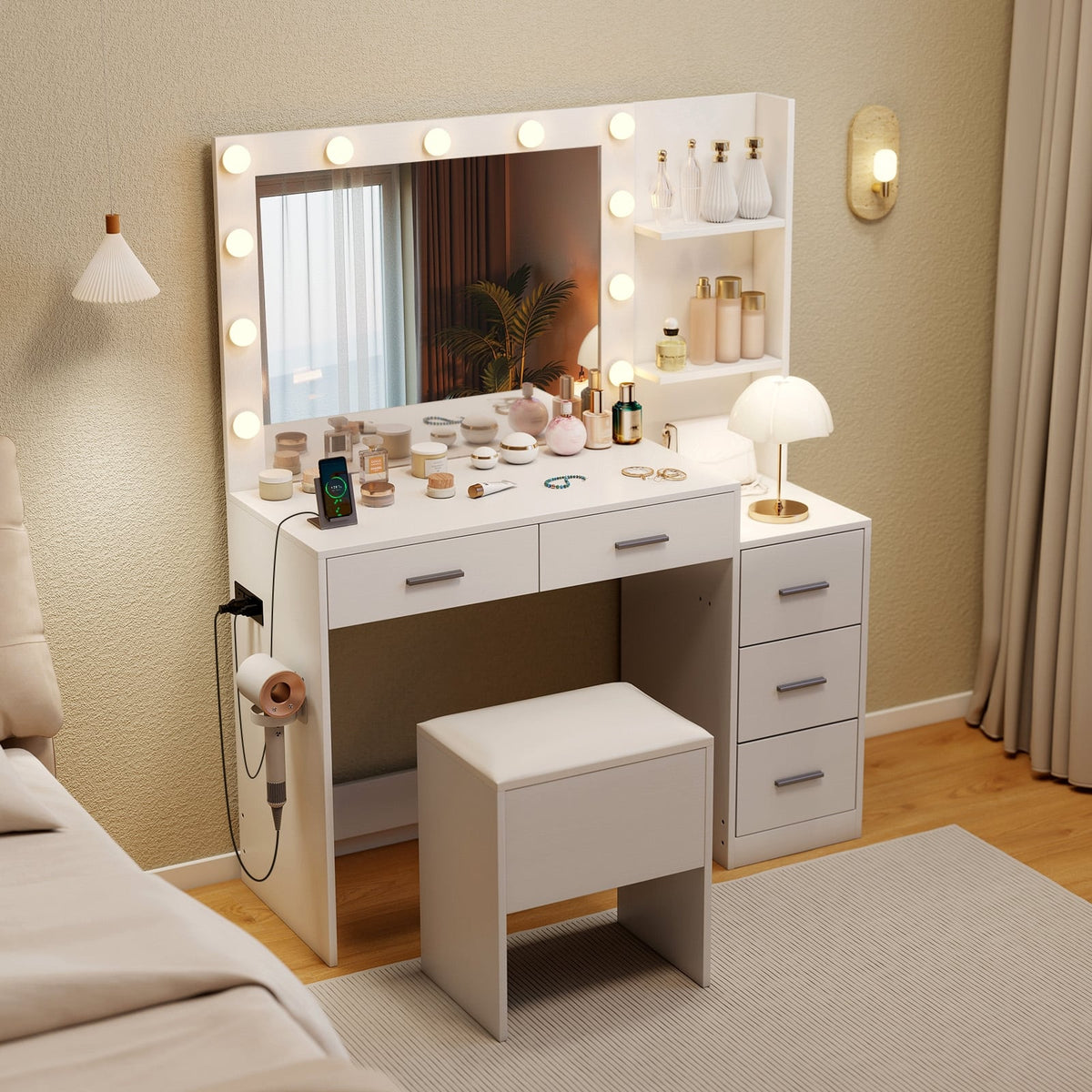 Makeup Table and Stool Set with Hair Dryer Stand-White-Makeup Vanities-DECOROLALA