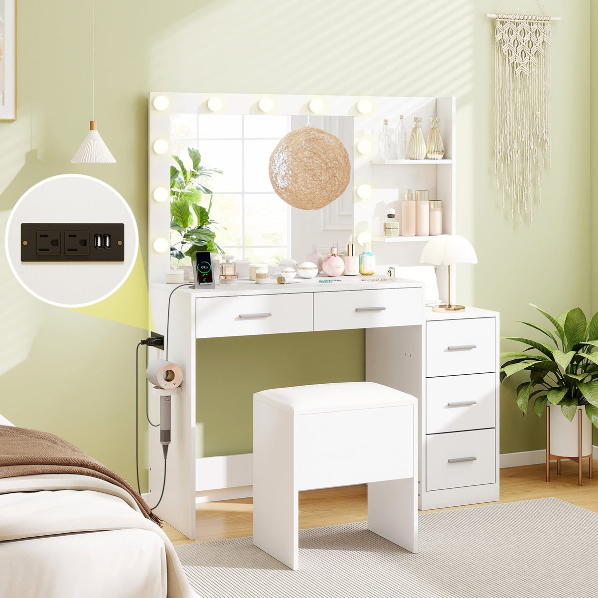 Makeup Table and Stool Set with Hair Dryer Stand-White-Makeup Vanities-DECOROLALA