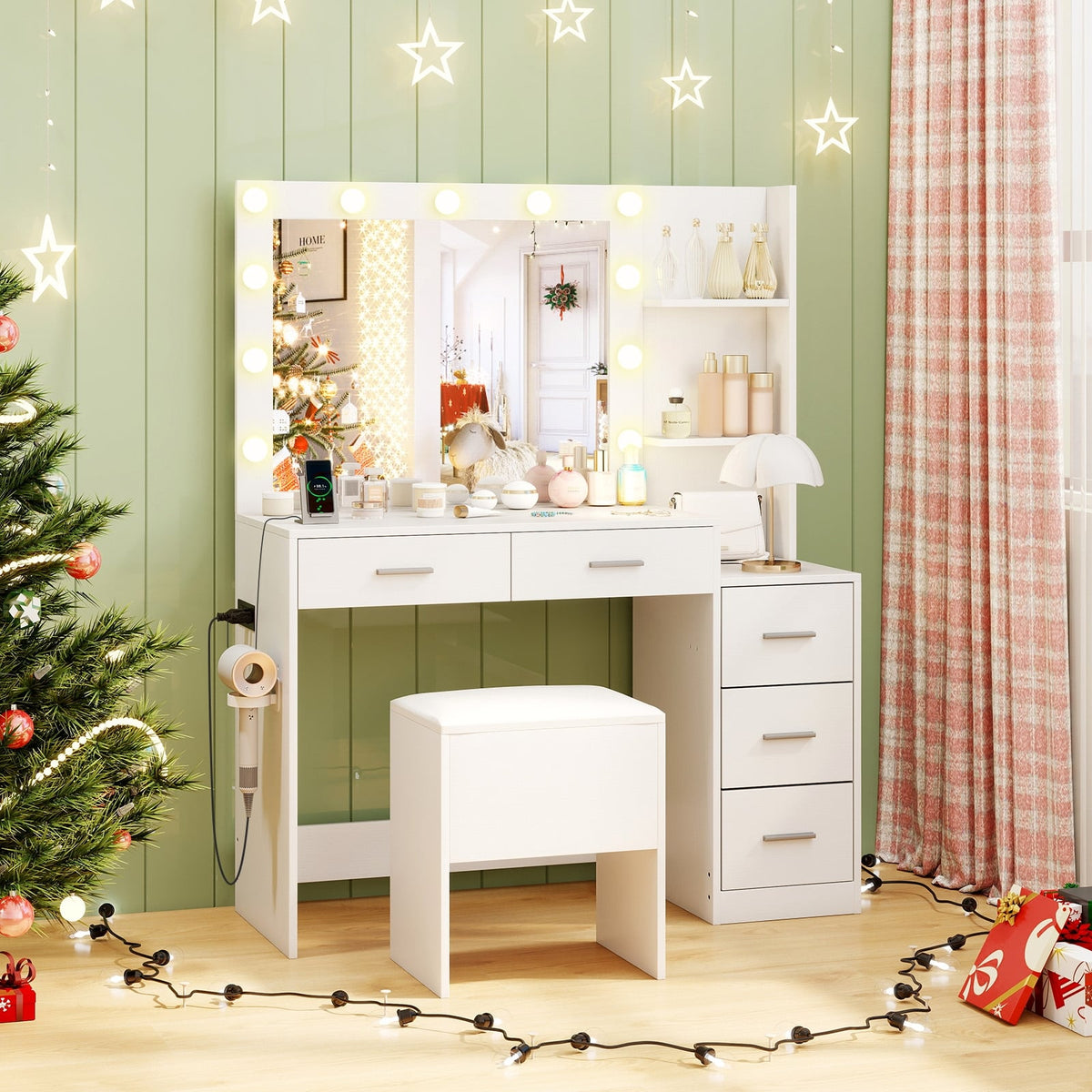 Makeup Table and Stool Set with Hair Dryer Stand-White-Makeup Vanities-DECOROLALA