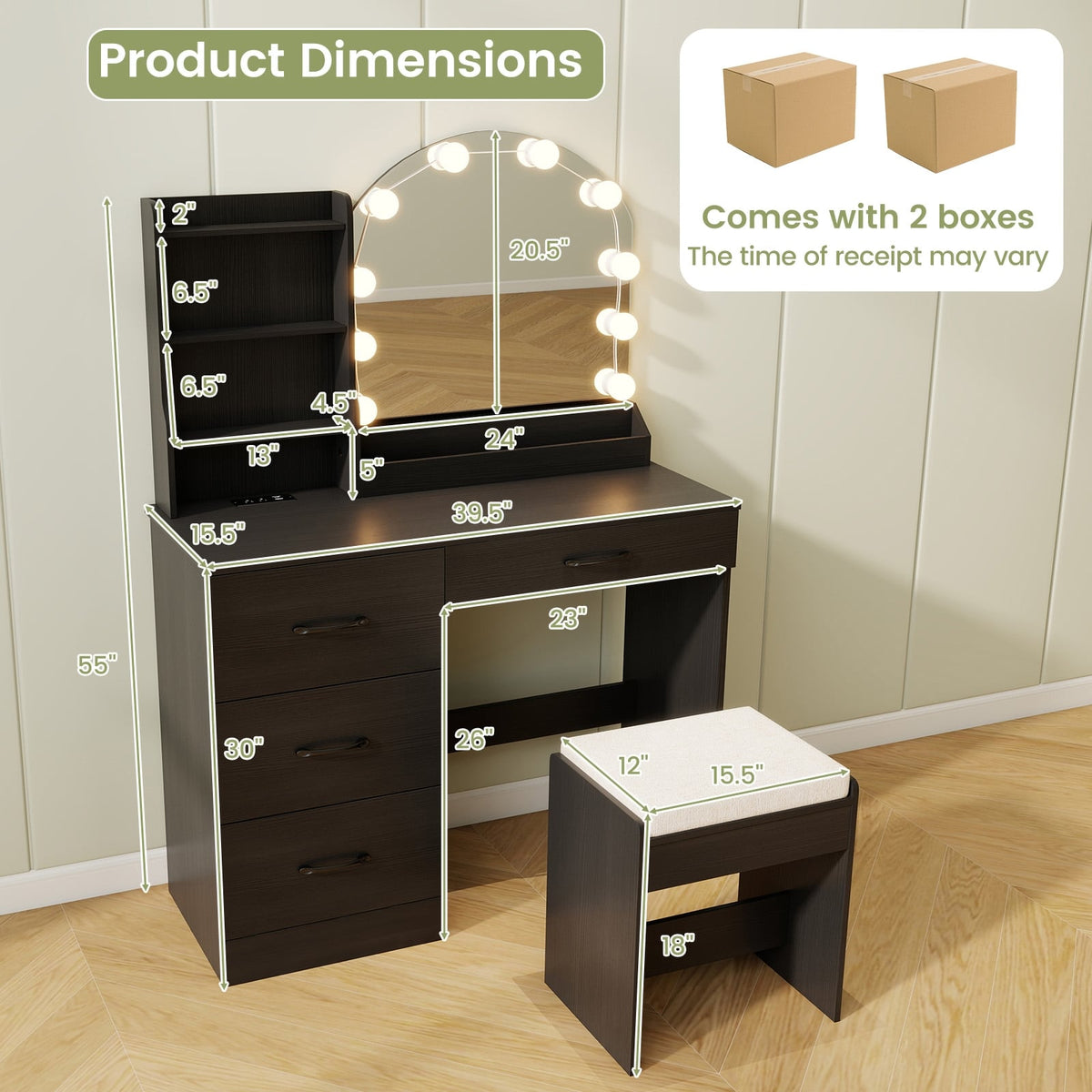 Makeup Vanity Desk Dressing Table and Stool Set with Mirror and Lights-Black-Makeup Vanities-DECOROLALA