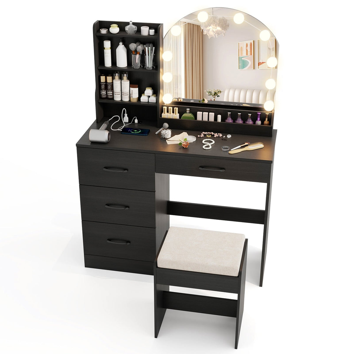 Makeup Vanity Desk Dressing Table and Stool Set with Mirror and Lights-Black-Makeup Vanities-DECOROLALA