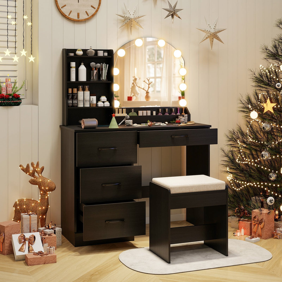 Makeup Vanity Desk Dressing Table and Stool Set with Mirror and Lights-Black-Makeup Vanities-DECOROLALA