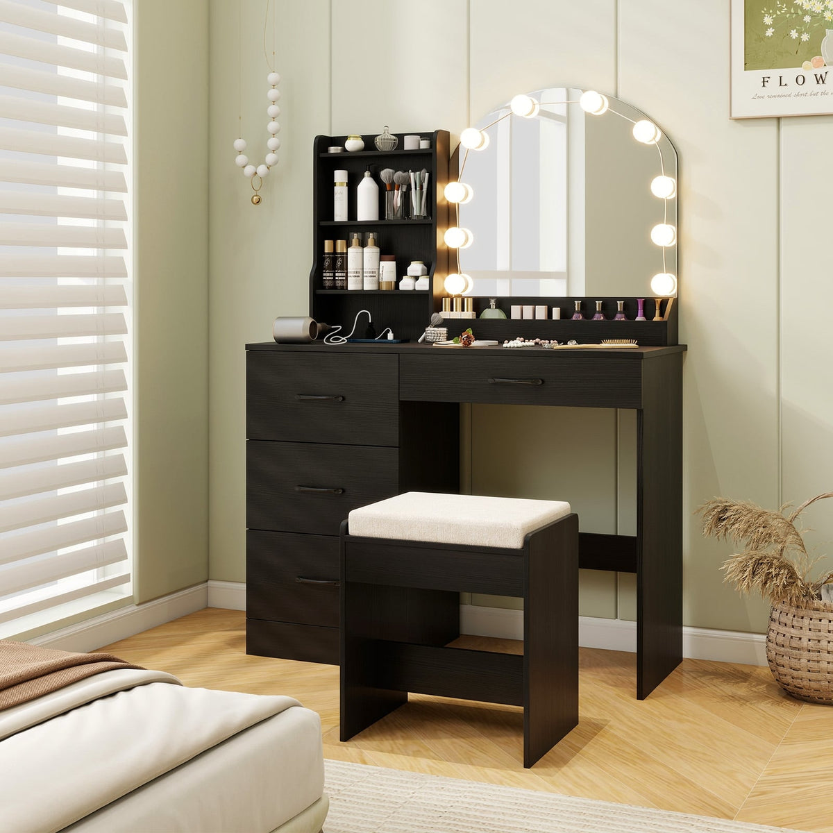 Makeup Vanity Desk Dressing Table and Stool Set with Mirror and Lights-Black-Makeup Vanities-DECOROLALA