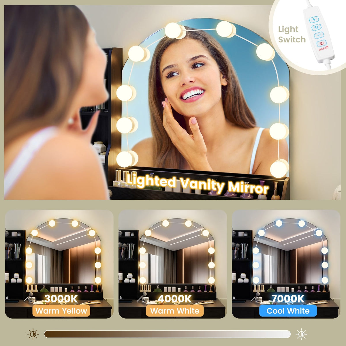 Makeup Vanity Desk Dressing Table and Stool Set with Mirror and Lights-Black-Makeup Vanities-DECOROLALA