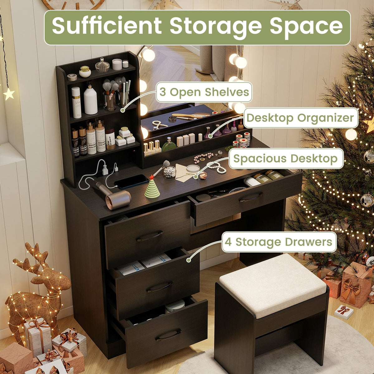 Makeup Vanity Desk Dressing Table and Stool Set with Mirror and Lights-Black-Makeup Vanities-DECOROLALA