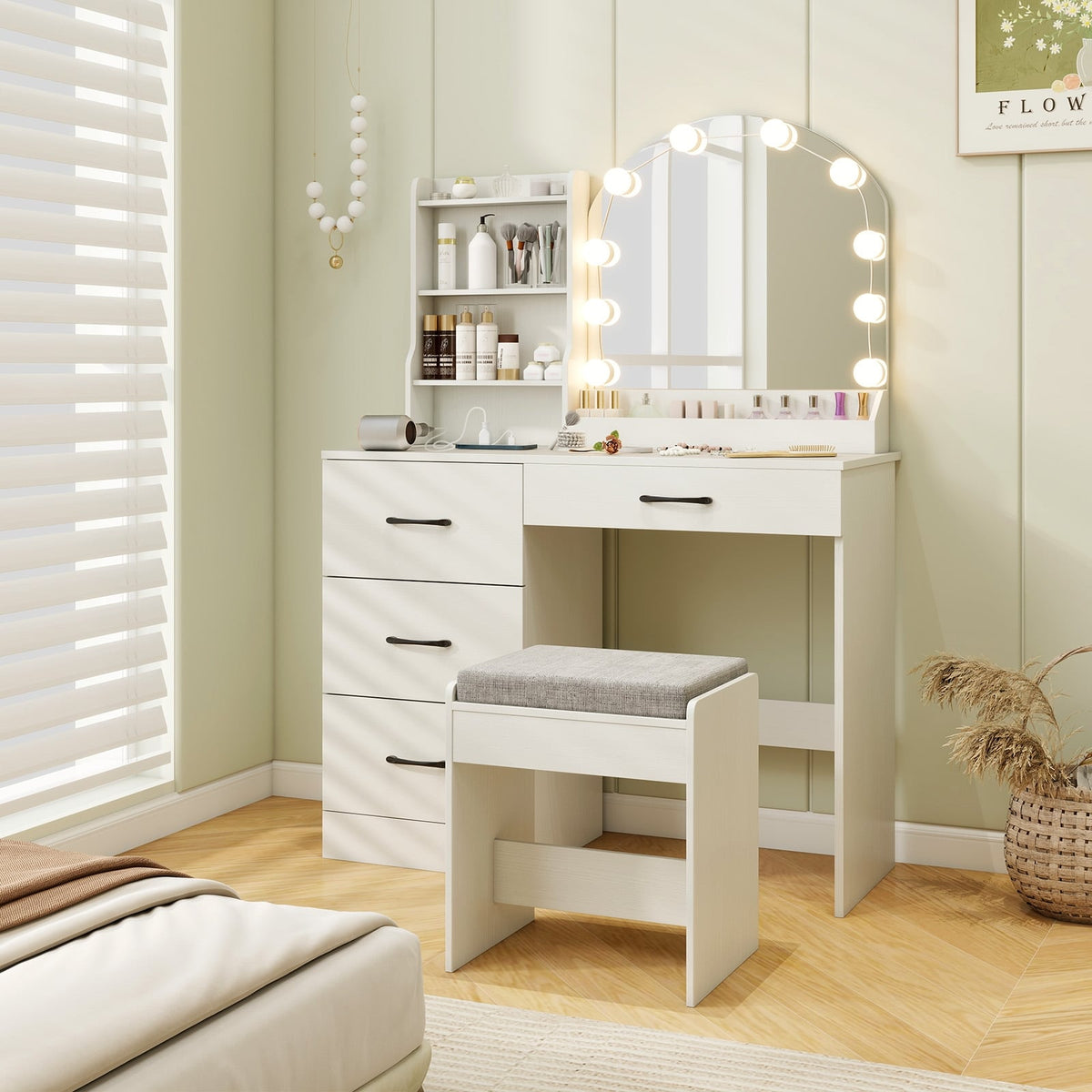 Makeup Vanity Desk Dressing Table and Stool Set with Mirror and Lights-White-Makeup Vanities-DECOROLALA