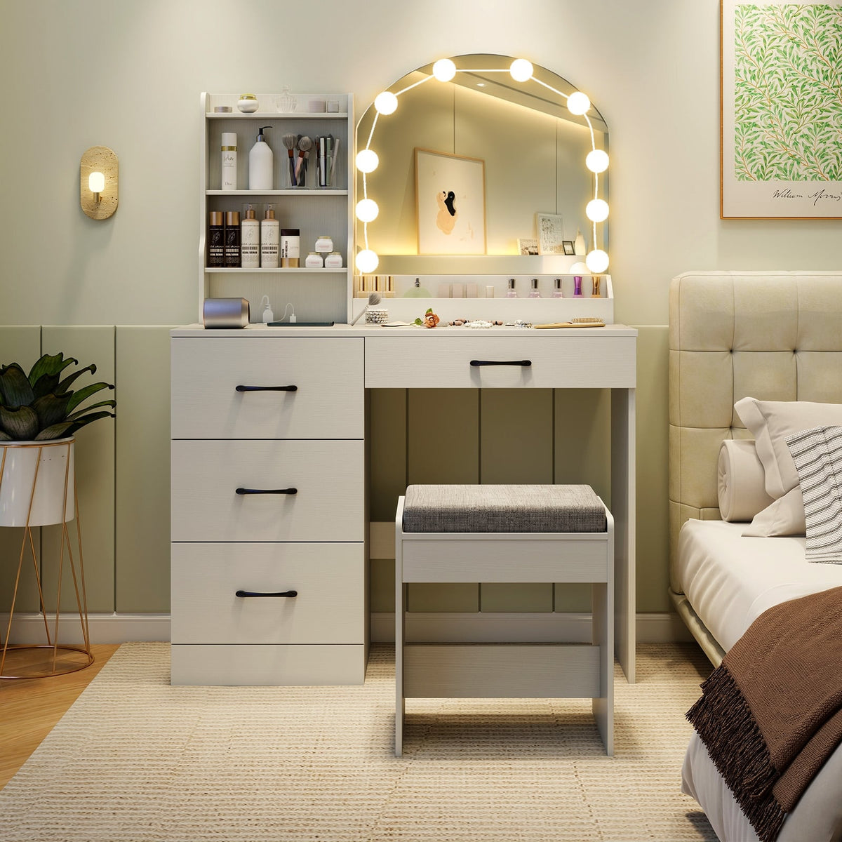Makeup Vanity Desk Dressing Table and Stool Set with Mirror and Lights-White-Makeup Vanities-DECOROLALA