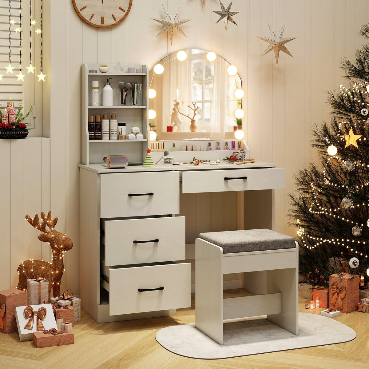 Makeup Vanity Desk Dressing Table and Stool Set with Mirror and Lights-White-Makeup Vanities-DECOROLALA