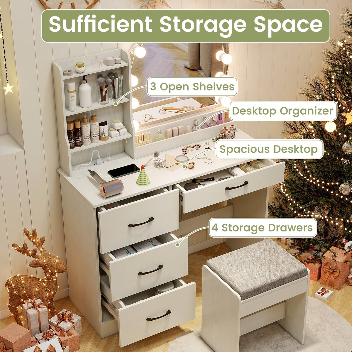 Makeup Vanity Desk Dressing Table and Stool Set with Mirror and Lights-White-Makeup Vanities-DECOROLALA