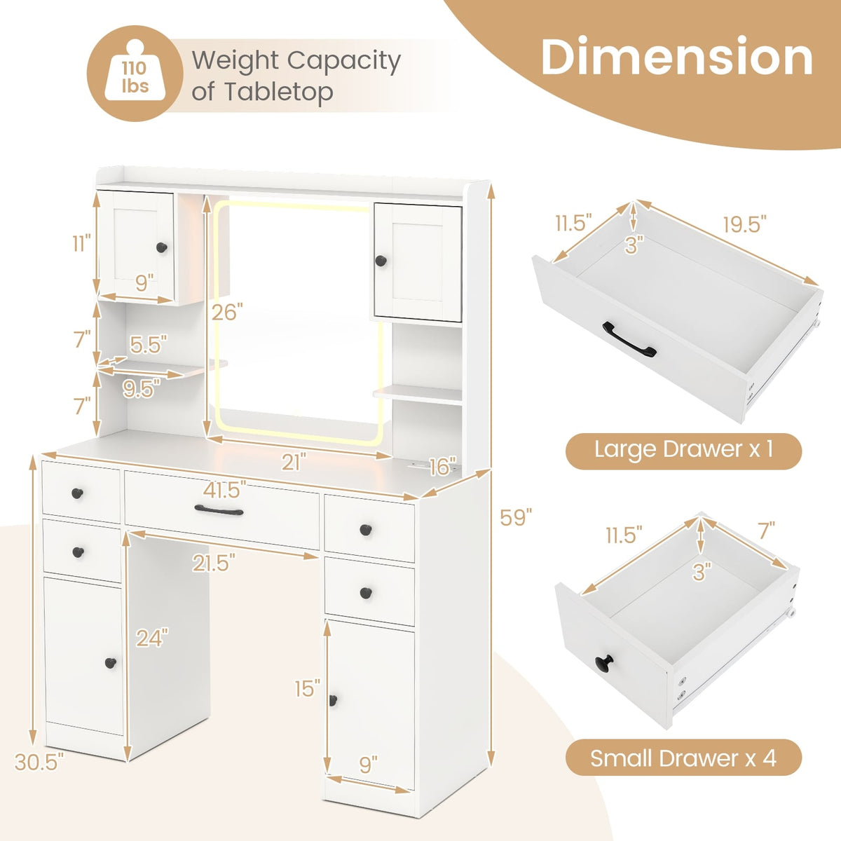 Makeup Vanity Desk with Lighted Mirror and Charging Station-White-Makeup Vanities-DECOROLALA