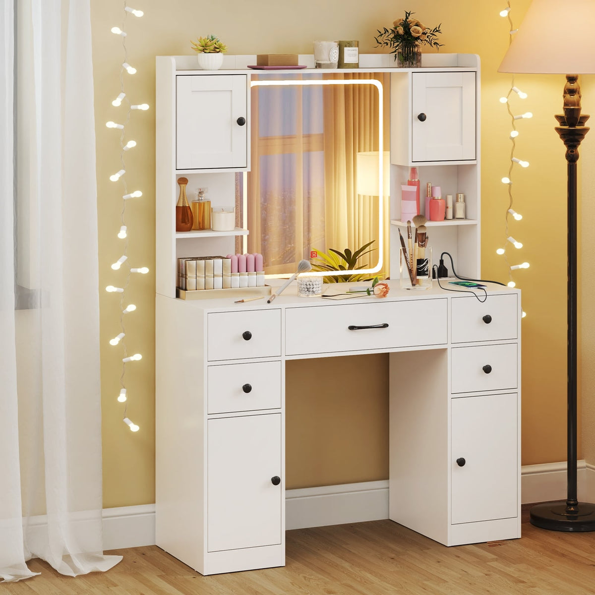Makeup Vanity Desk with Lighted Mirror and Charging Station-White-Makeup Vanities-DECOROLALA
