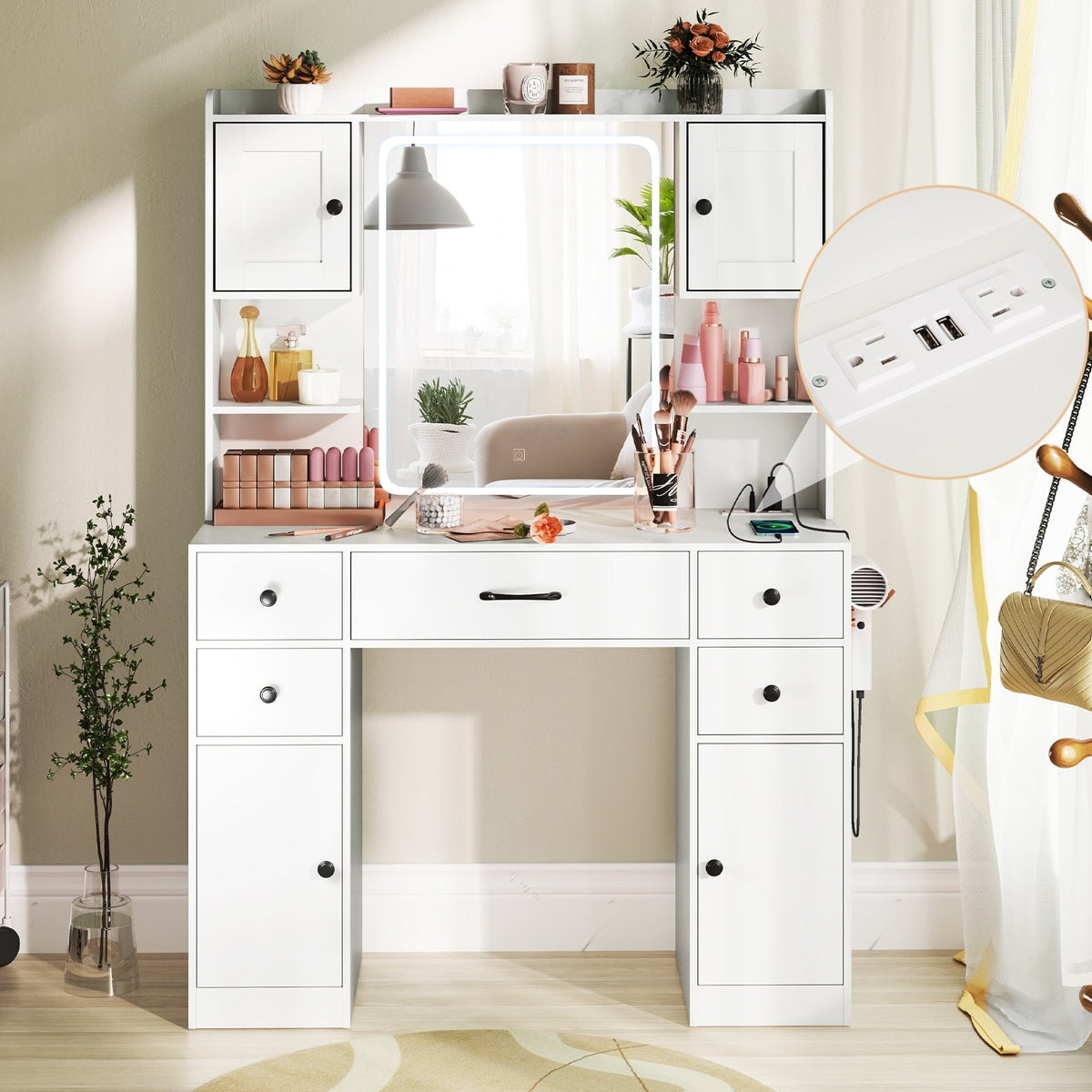Makeup Vanity Desk with Lighted Mirror and Charging Station-White-Makeup Vanities-DECOROLALA