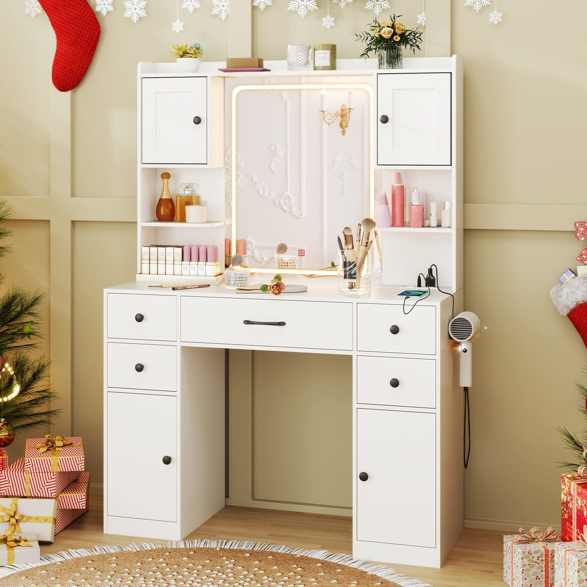 Makeup Vanity Desk with Lighted Mirror and Charging Station-White-Makeup Vanities-DECOROLALA