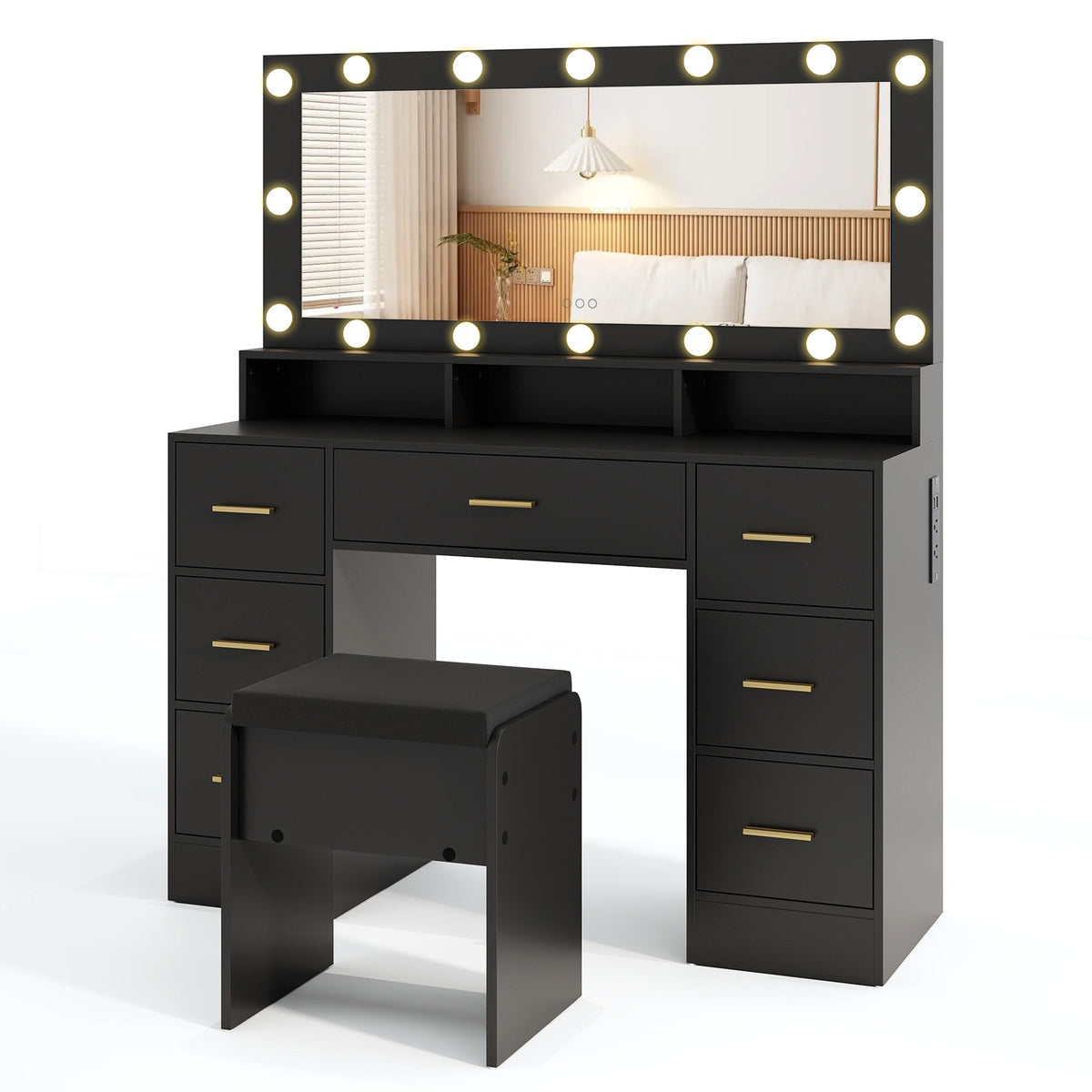 Makeup Vanity Desk with Mirror 3-Color LED Lights and Charging Station-Black-Makeup Vanities-DECOROLALA