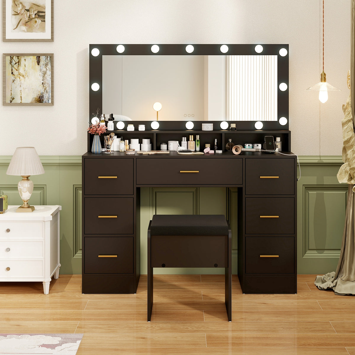 Makeup Vanity Desk with Mirror 3-Color LED Lights and Charging Station-Black-Makeup Vanities-DECOROLALA