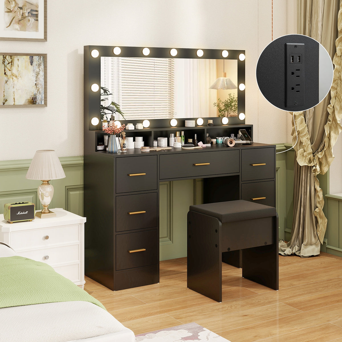 Makeup Vanity Desk with Mirror 3-Color LED Lights and Charging Station-Black-Makeup Vanities-DECOROLALA