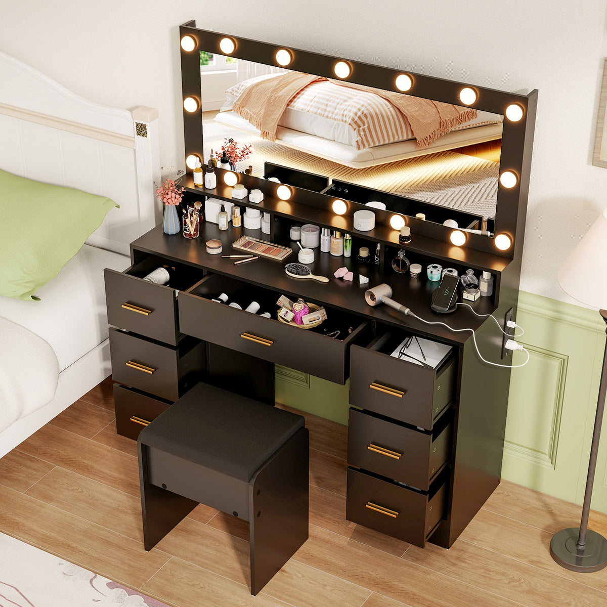 Makeup Vanity Desk with Mirror 3-Color LED Lights and Charging Station-Black-Makeup Vanities-DECOROLALA