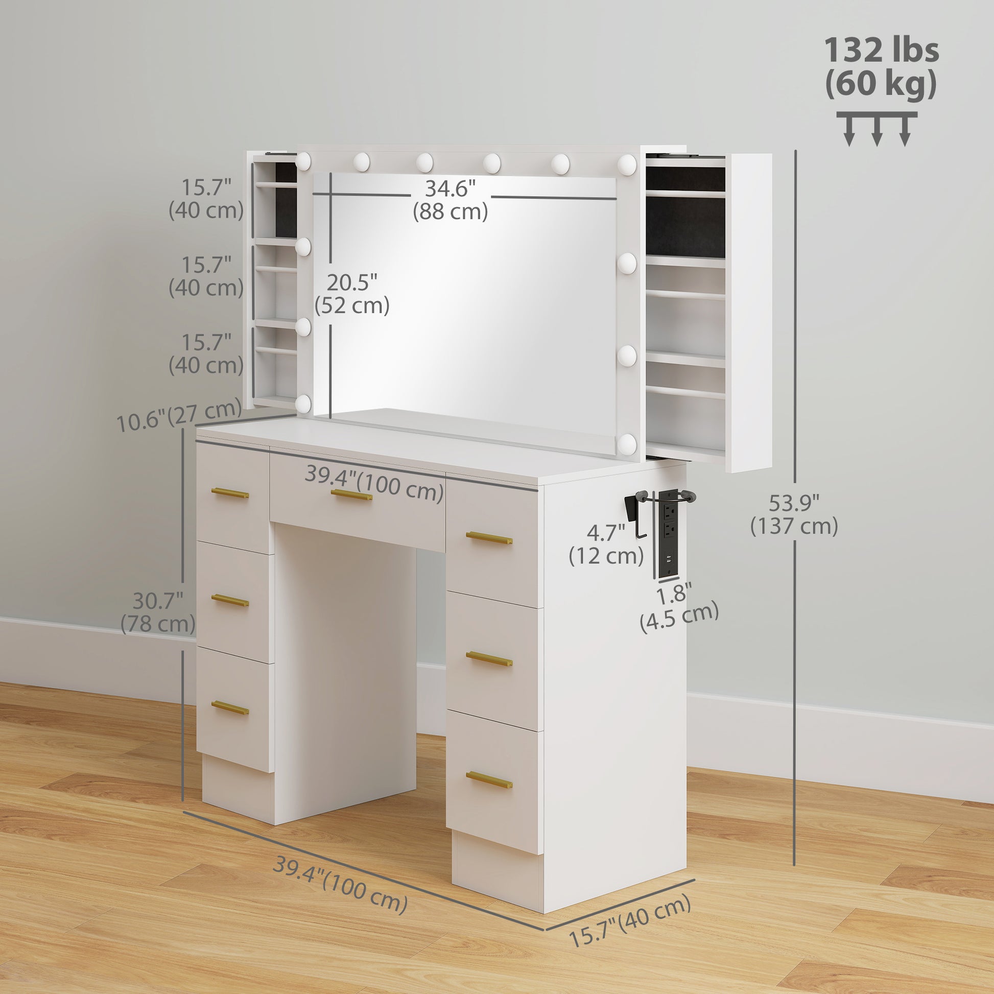 Makeup Vanity Desk with Mirror and 12 LED Lights - White-DECOROLALA