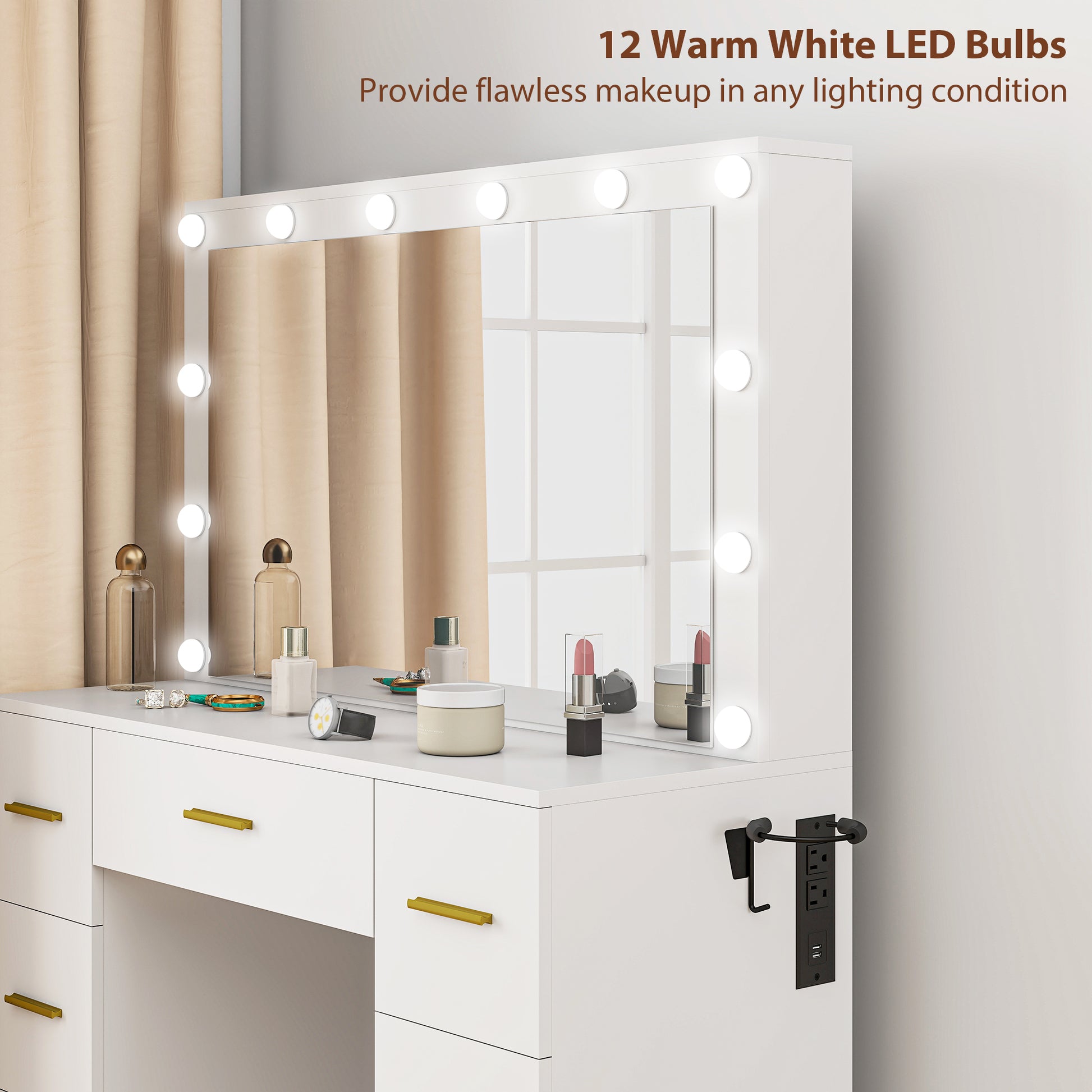 Makeup Vanity Desk with Mirror and 12 LED Lights - White-DECOROLALA