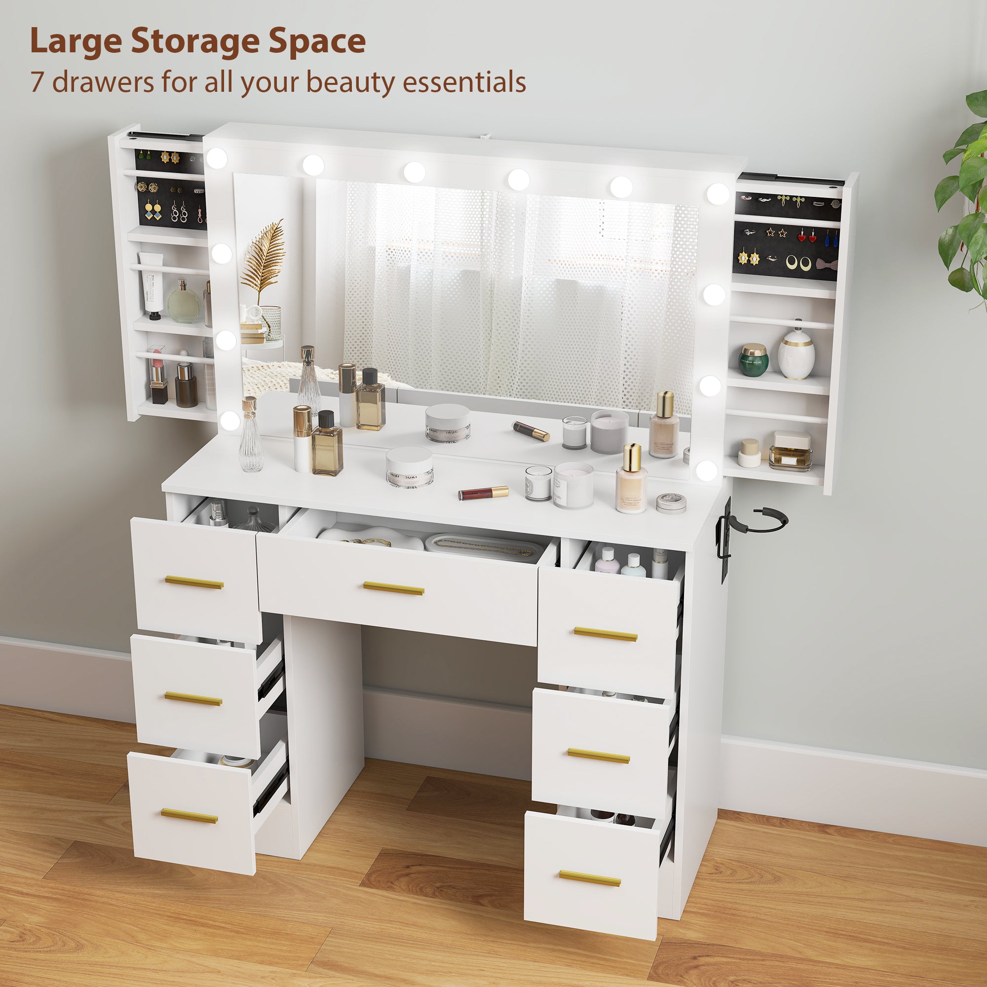 Makeup Vanity Desk with Mirror and 12 LED Lights - White-DECOROLALA