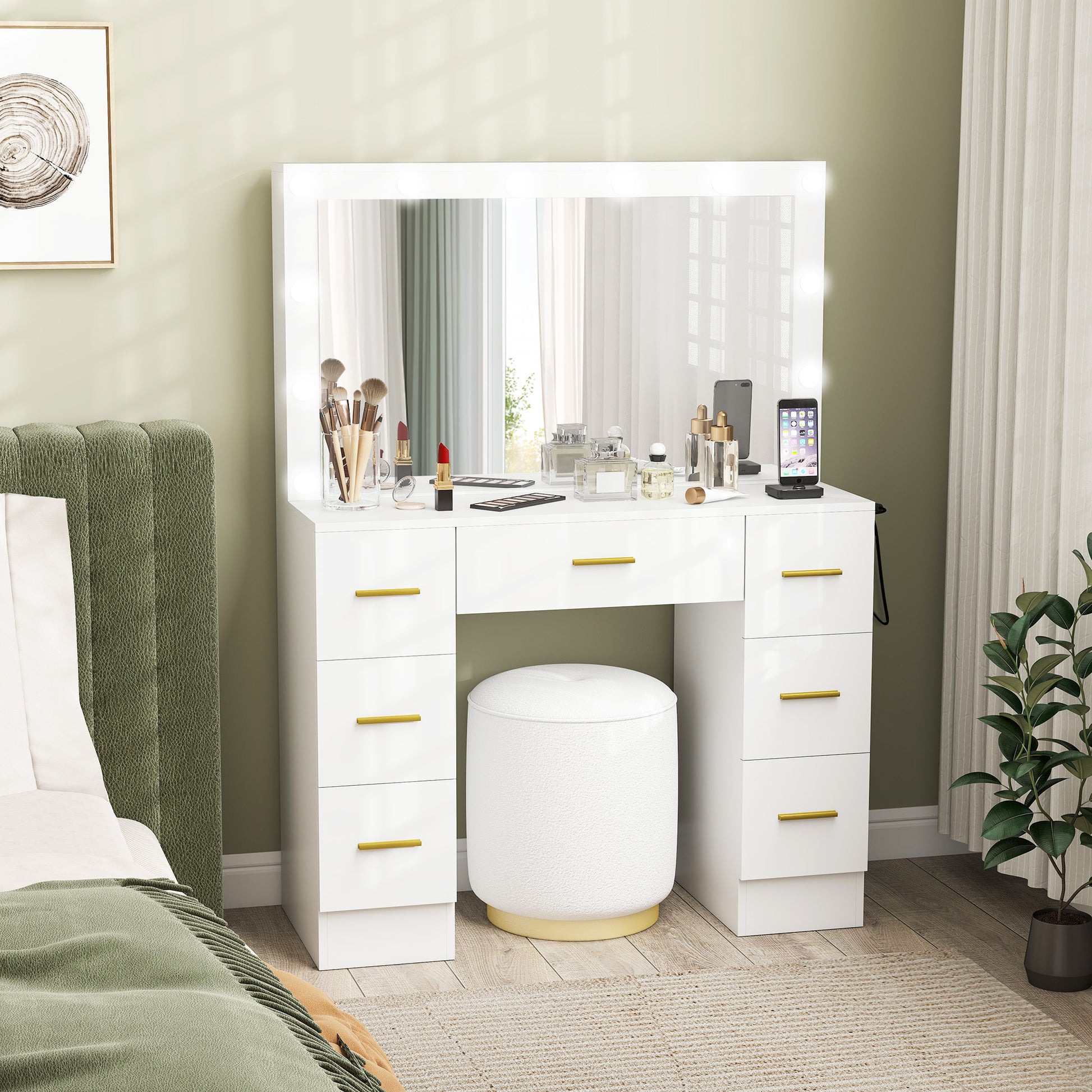 Makeup Vanity Desk with Mirror and 12 LED Lights - White-DECOROLALA