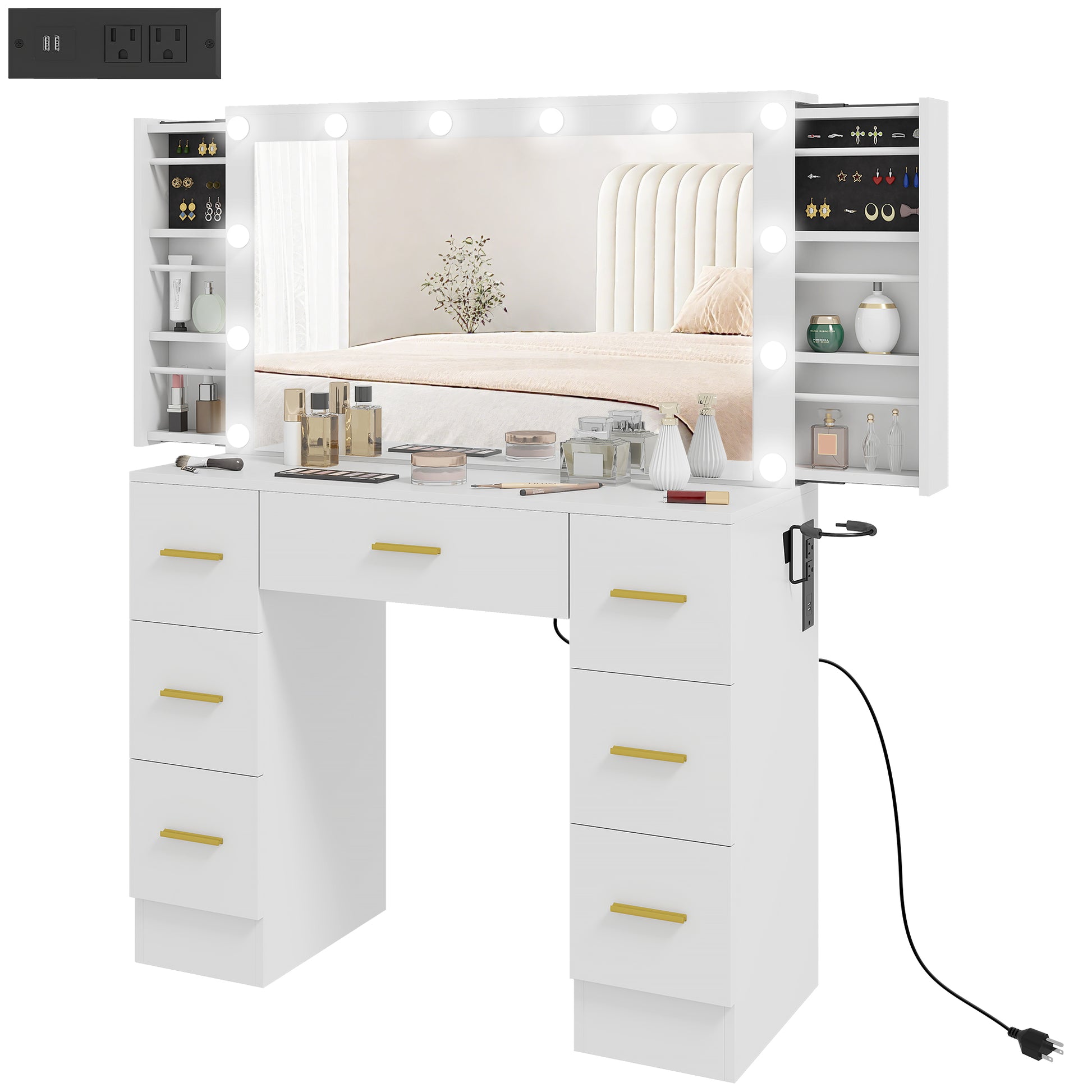 Makeup Vanity Desk with Mirror and 12 LED Lights - White-DECOROLALA