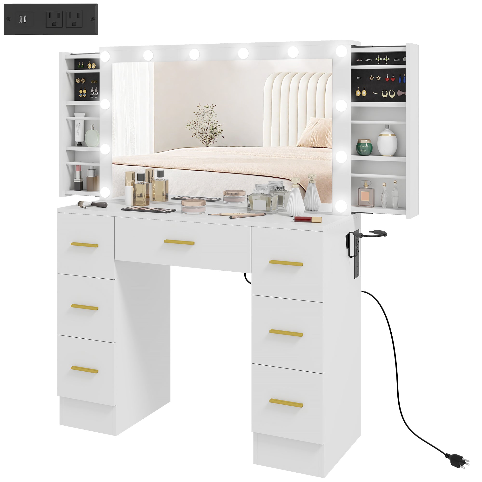 Makeup Vanity Desk with Mirror and 12 LED Lights - White-DECOROLALA