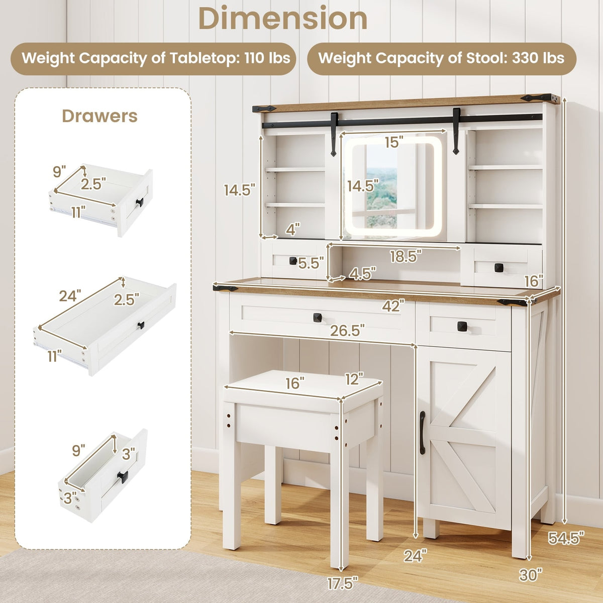 Makeup Vanity Desk with Mirror and 3-Color Dimmable LED Lights-White-Makeup Vanities-DECOROLALA