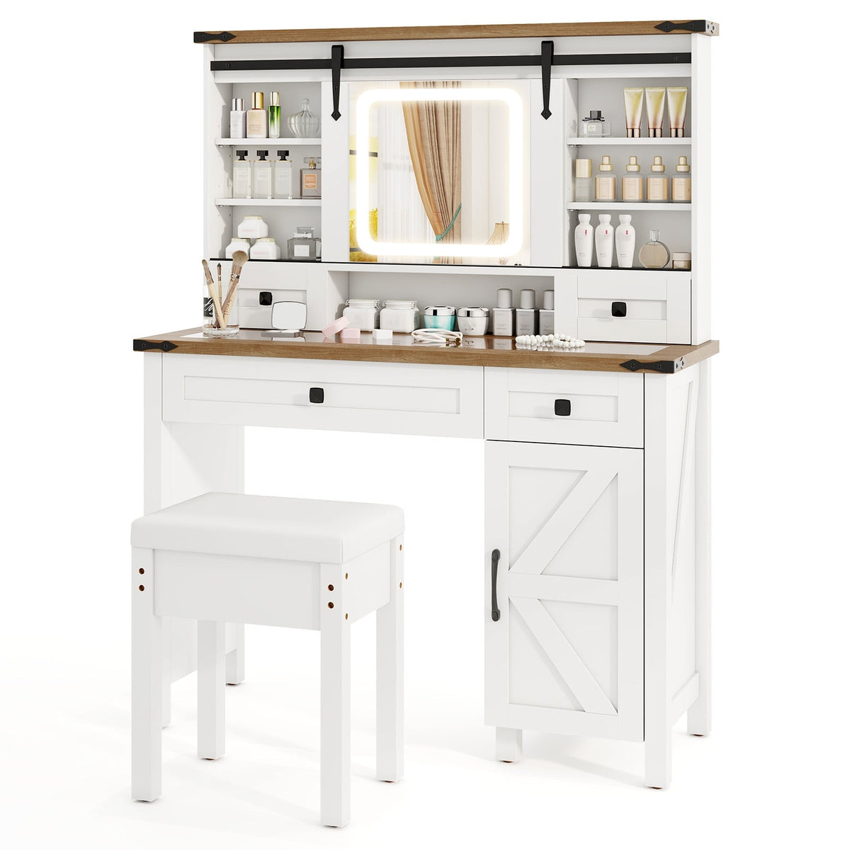 Makeup Vanity Desk with Mirror and 3-Color Dimmable LED Lights-White-Makeup Vanities-DECOROLALA