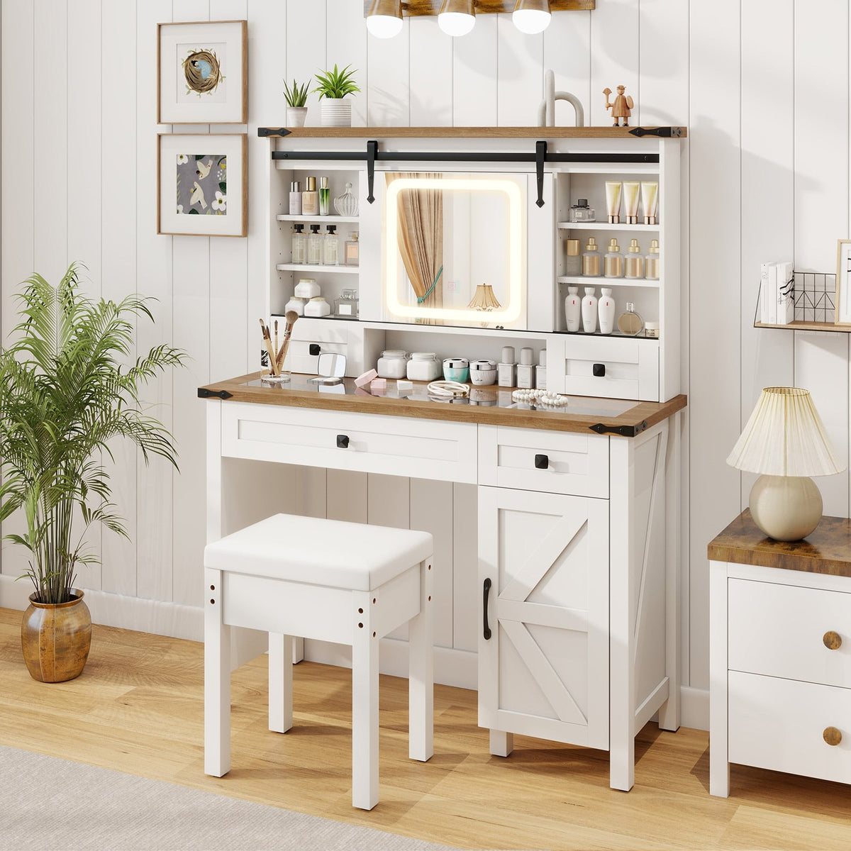 Makeup Vanity Desk with Mirror and 3-Color Dimmable LED Lights-White-Makeup Vanities-DECOROLALA