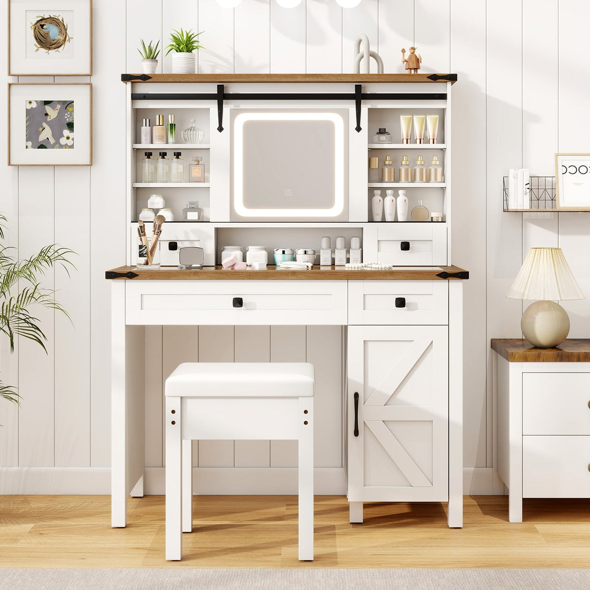 Makeup Vanity Desk with Mirror and 3-Color Dimmable LED Lights-White-Makeup Vanities-DECOROLALA