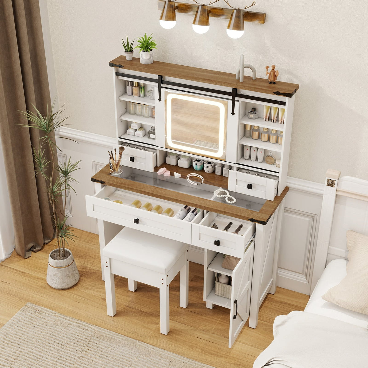 Makeup Vanity Desk with Mirror and 3-Color Dimmable LED Lights-White-Makeup Vanities-DECOROLALA