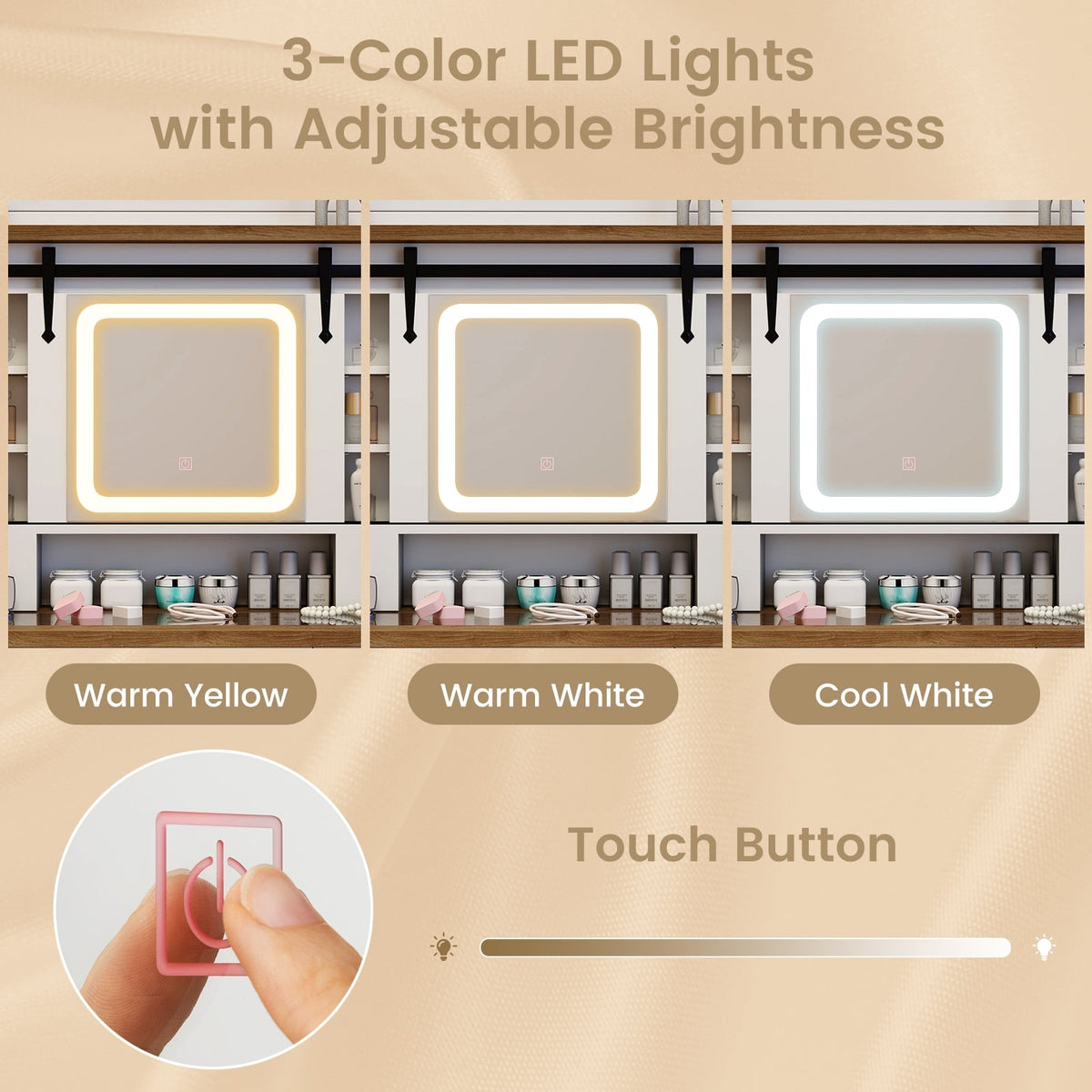 Makeup Vanity Desk with Mirror and 3-Color Dimmable LED Lights-White-Makeup Vanities-DECOROLALA