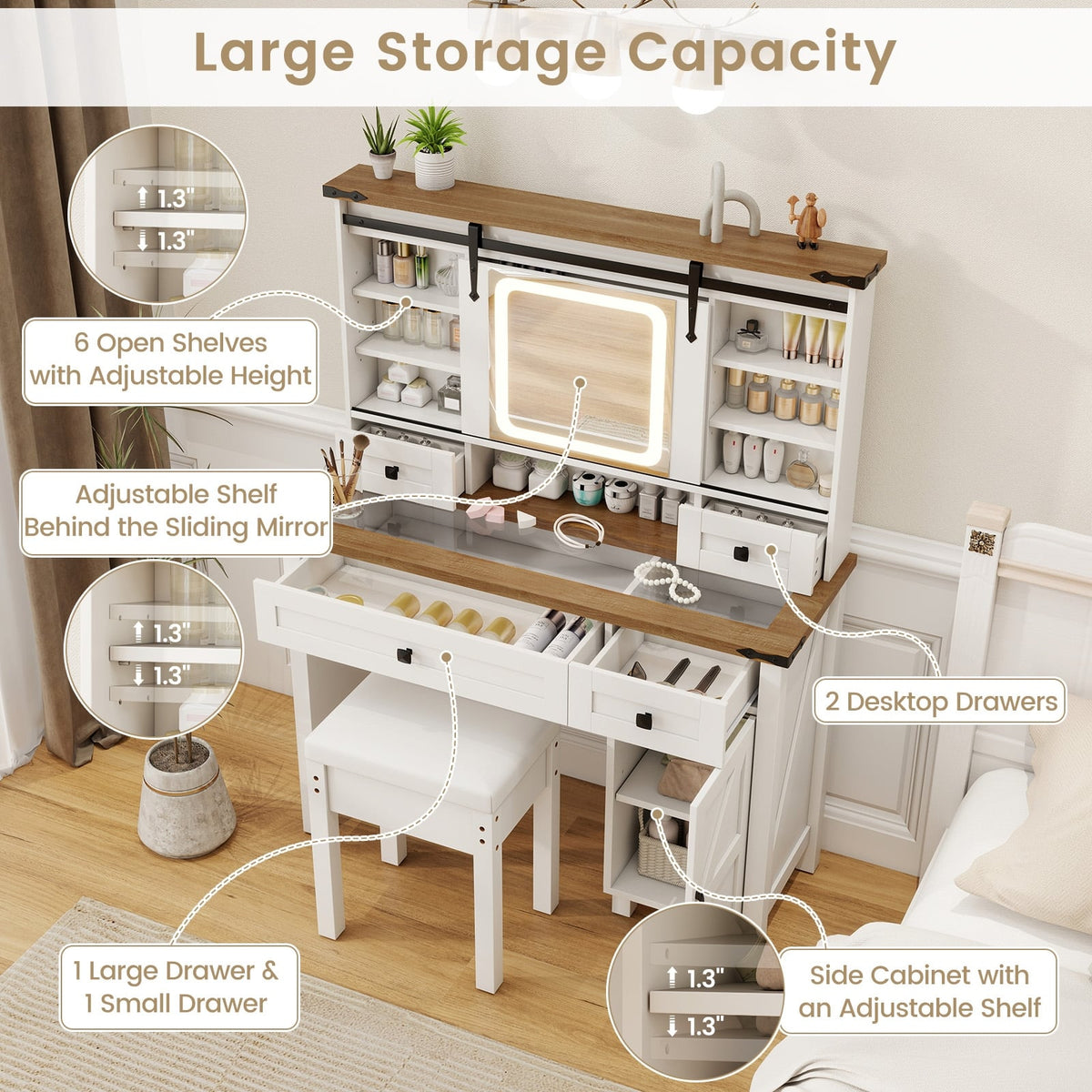 Makeup Vanity Desk with Mirror and 3-Color Dimmable LED Lights-White-Makeup Vanities-DECOROLALA