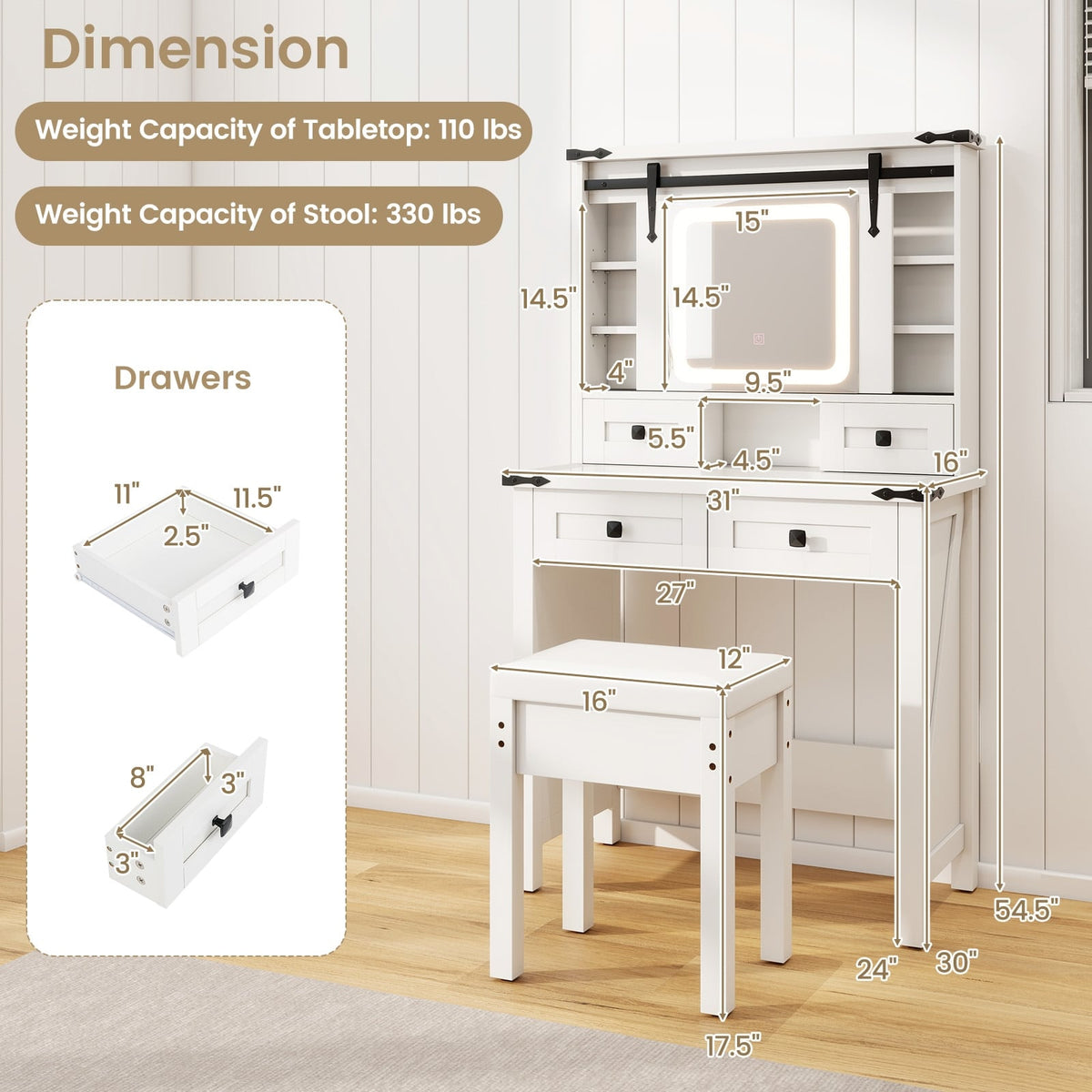Makeup Vanity Desk with Mirror and Adjustable Storage Shelves-White-Makeup Vanities-DECOROLALA