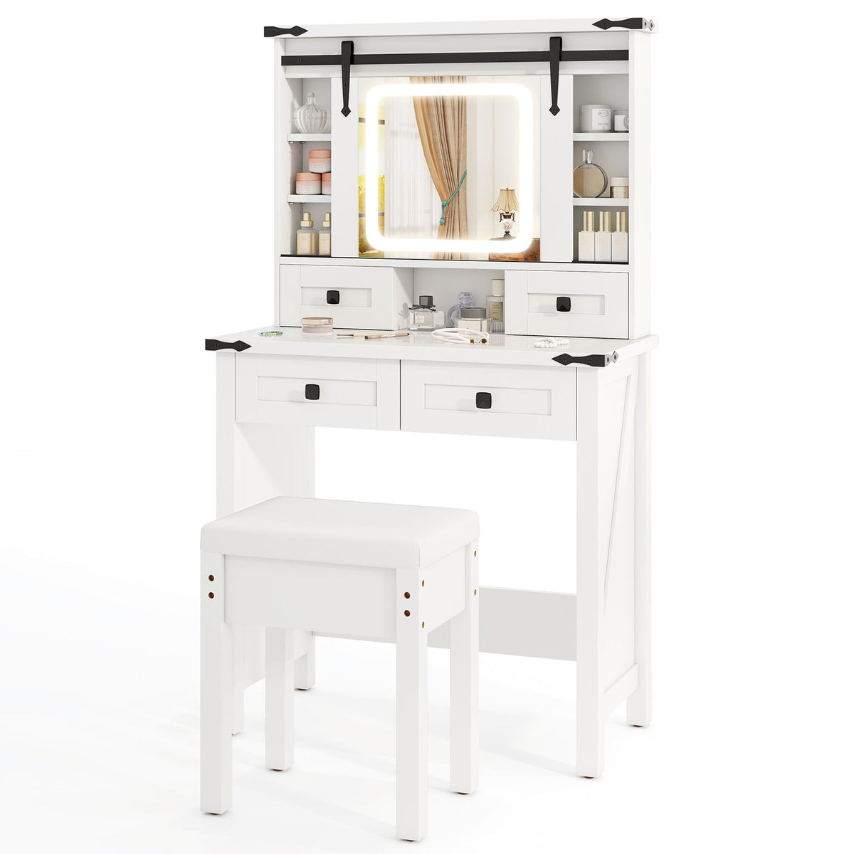Makeup Vanity Desk with Mirror and Adjustable Storage Shelves-White-Makeup Vanities-DECOROLALA