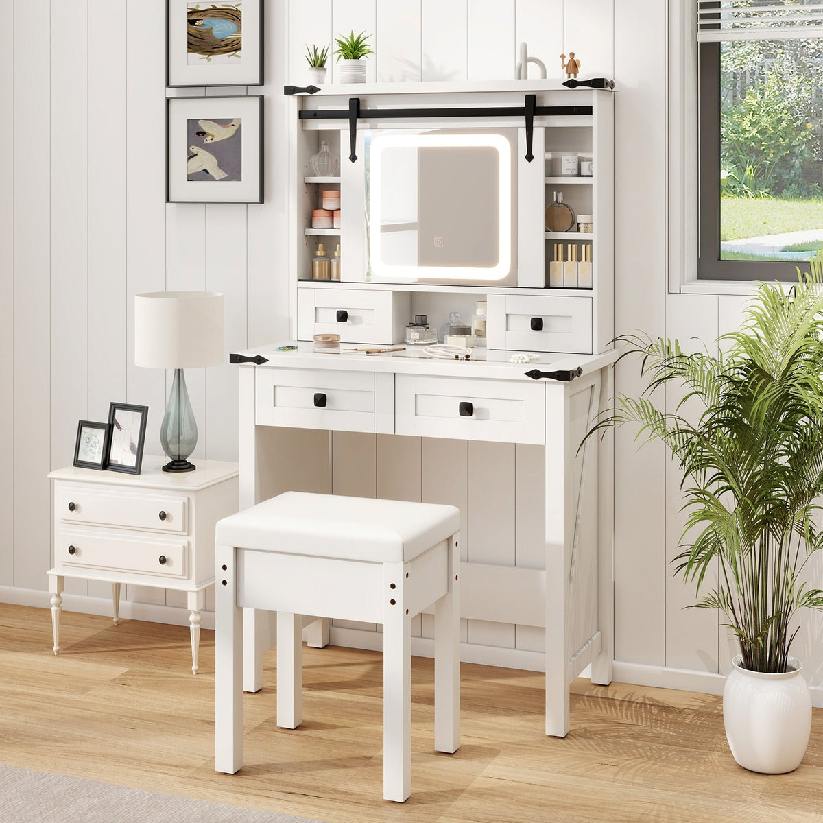 Makeup Vanity Desk with Mirror and Adjustable Storage Shelves-White-Makeup Vanities-DECOROLALA