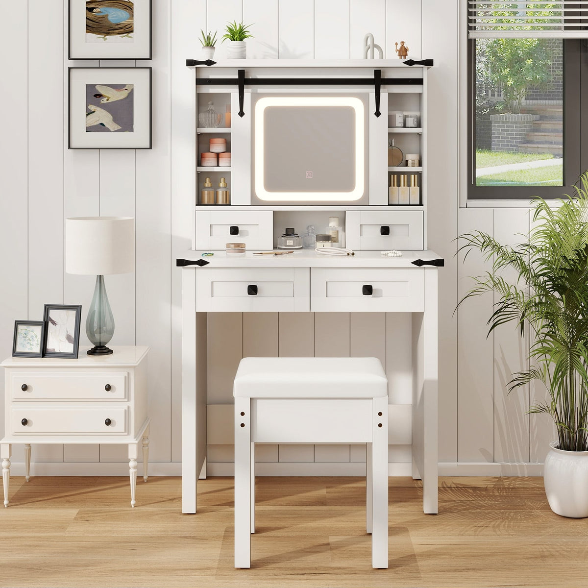 Makeup Vanity Desk with Mirror and Adjustable Storage Shelves-White-Makeup Vanities-DECOROLALA