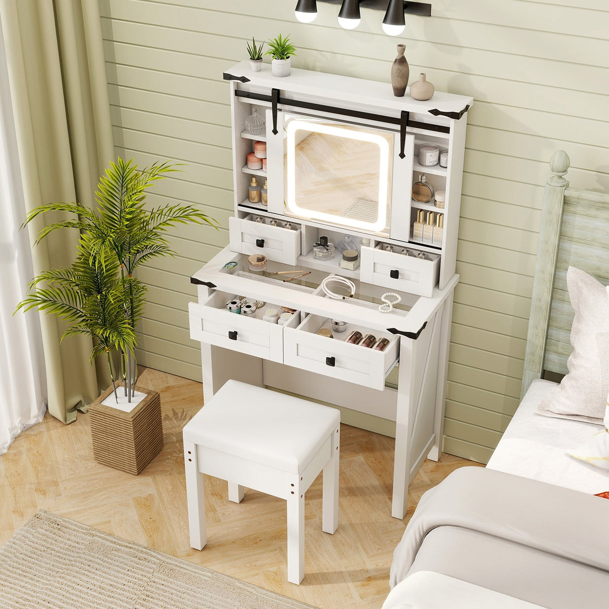 Makeup Vanity Desk with Mirror and Adjustable Storage Shelves-White-Makeup Vanities-DECOROLALA