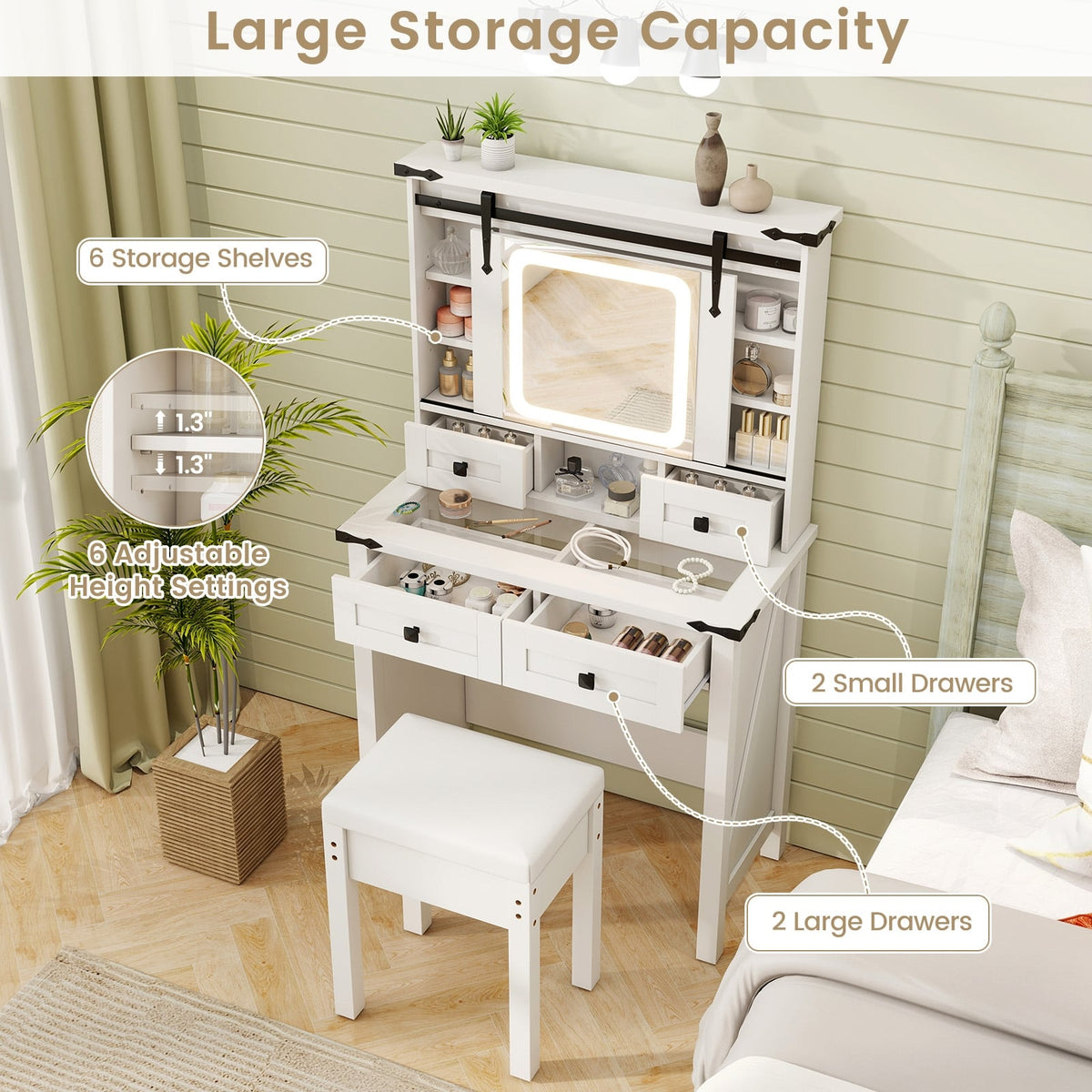 Makeup Vanity Desk with Mirror and Adjustable Storage Shelves-White-Makeup Vanities-DECOROLALA