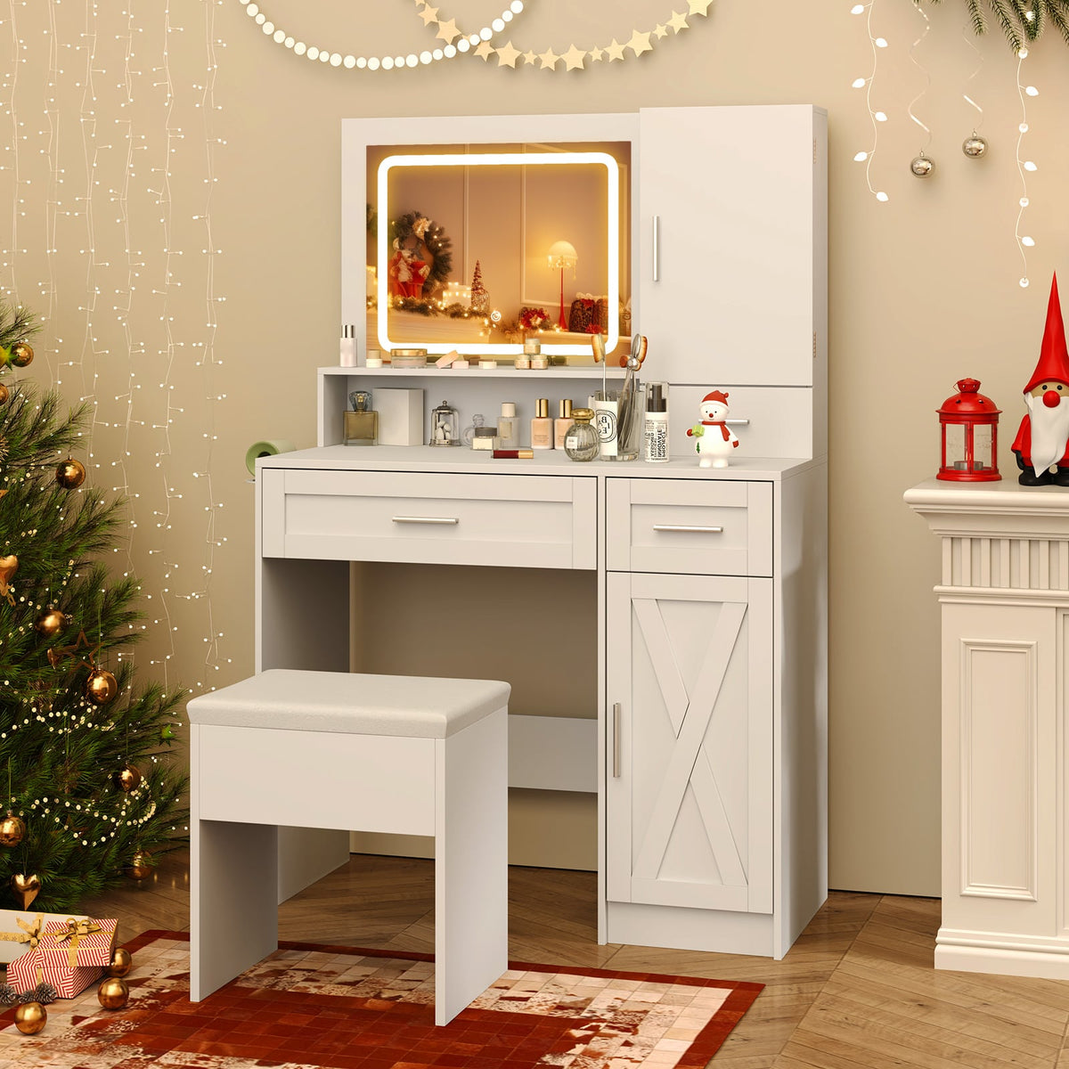 Makeup Vanity Desk with Mirror and Lights Dressing Table and Stool Set-White-Makeup Vanities-DECOROLALA