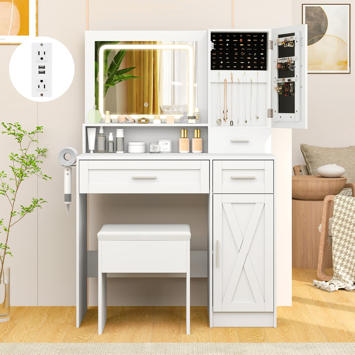 Makeup Vanity Desk with Mirror and Lights Dressing Table and Stool Set-White-Makeup Vanities-DECOROLALA