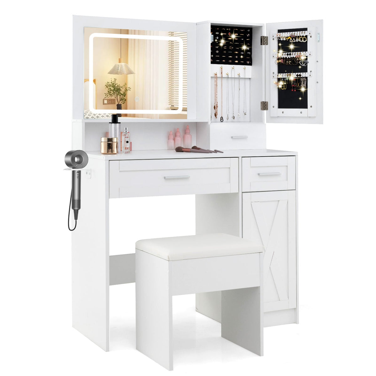 Makeup Vanity Desk with Mirror and Lights Dressing Table and Stool Set-White-Makeup Vanities-DECOROLALA