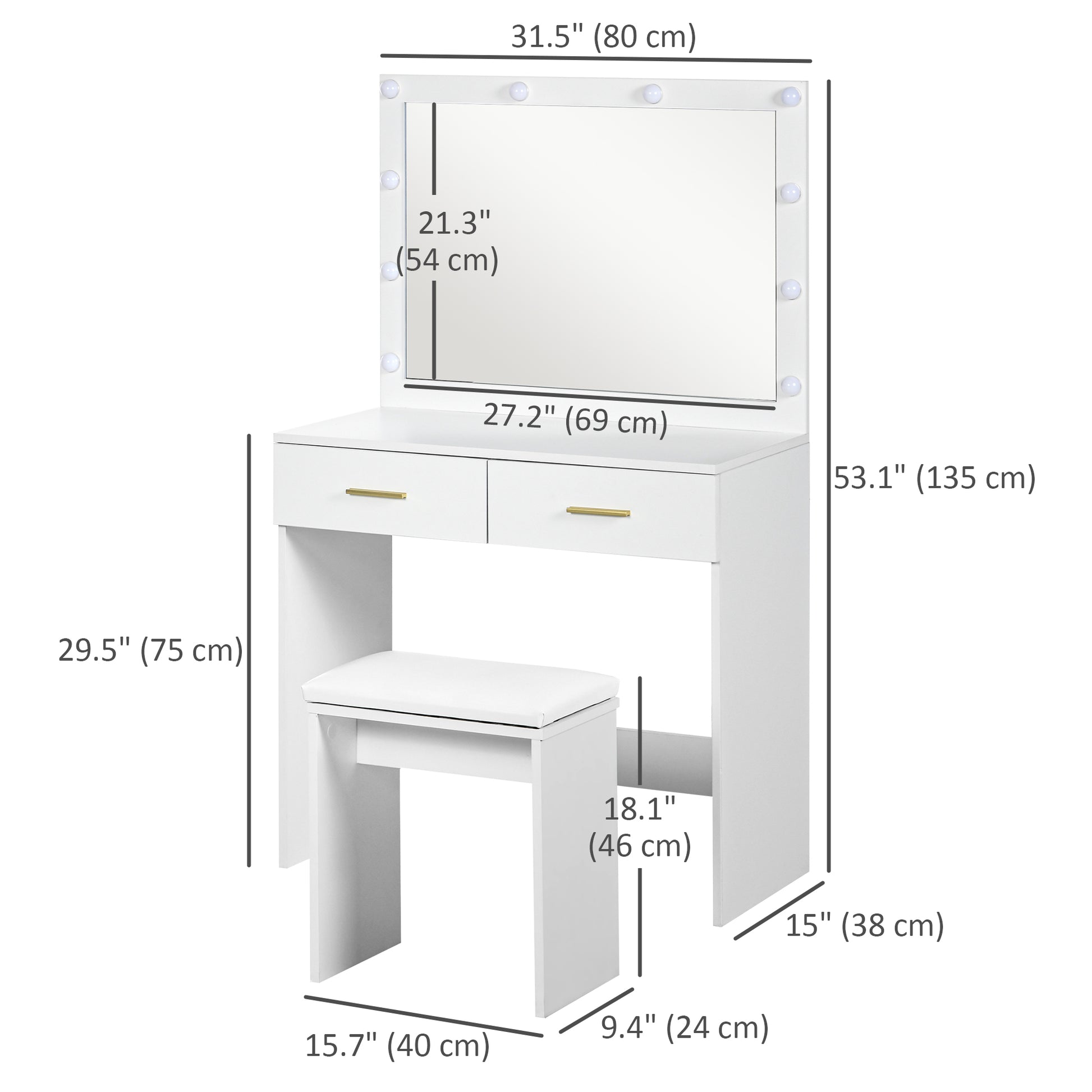 Makeup Vanity Set with Hollywood LED Mirror & Stool - White-DECOROLALA