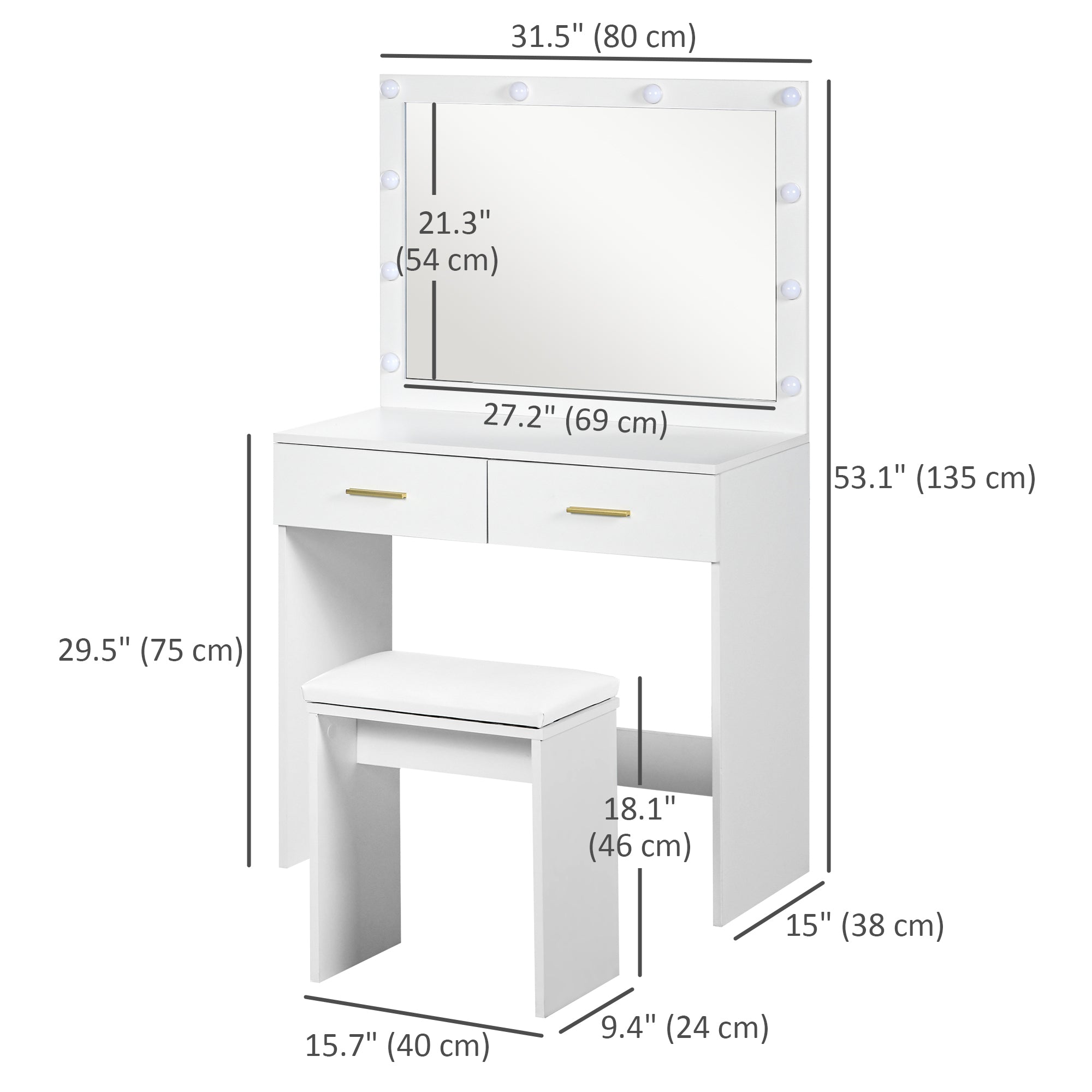 Makeup Vanity Set with Hollywood LED Mirror & Stool - White-DECOROLALA