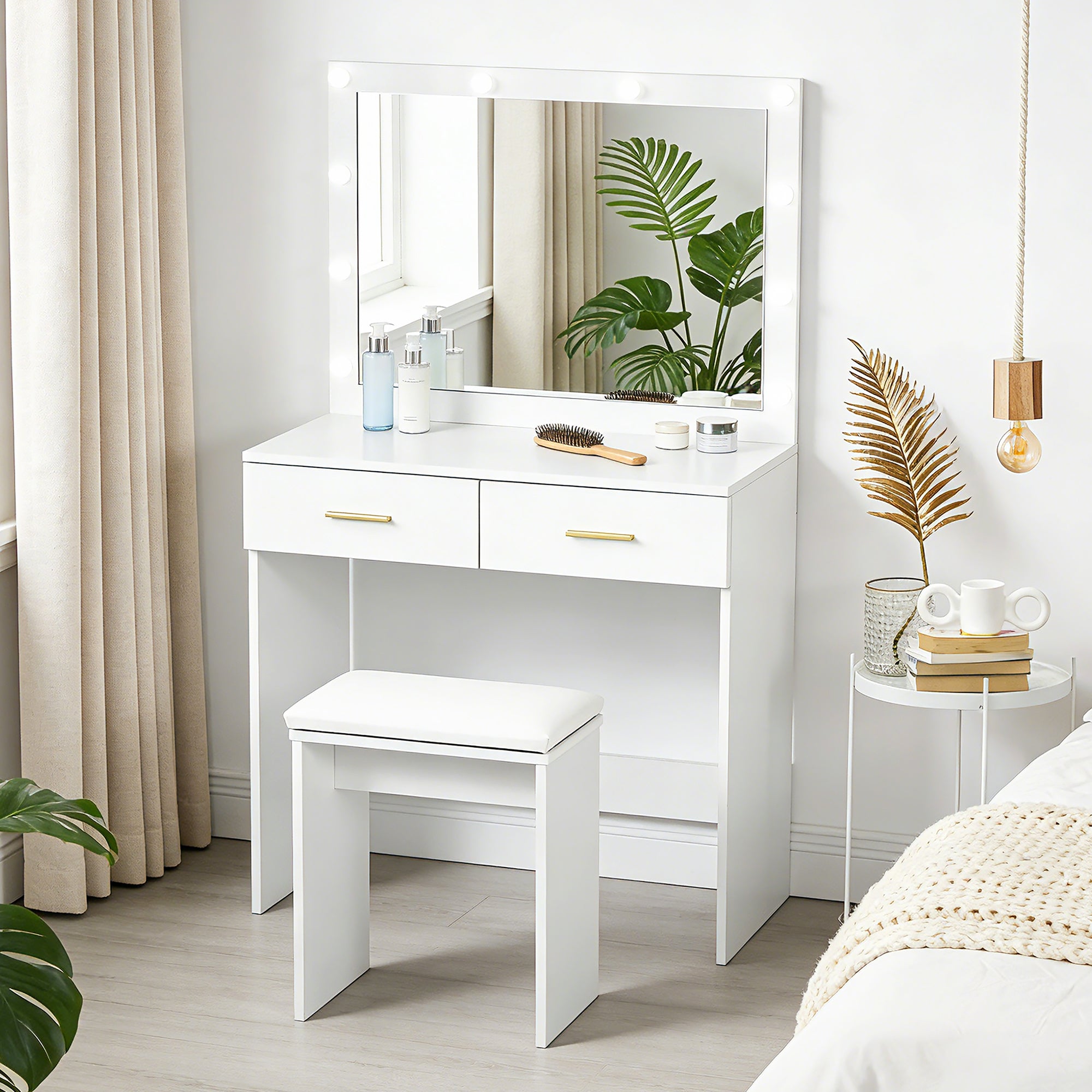 Makeup Vanity Set with Hollywood LED Mirror & Stool - White-DECOROLALA