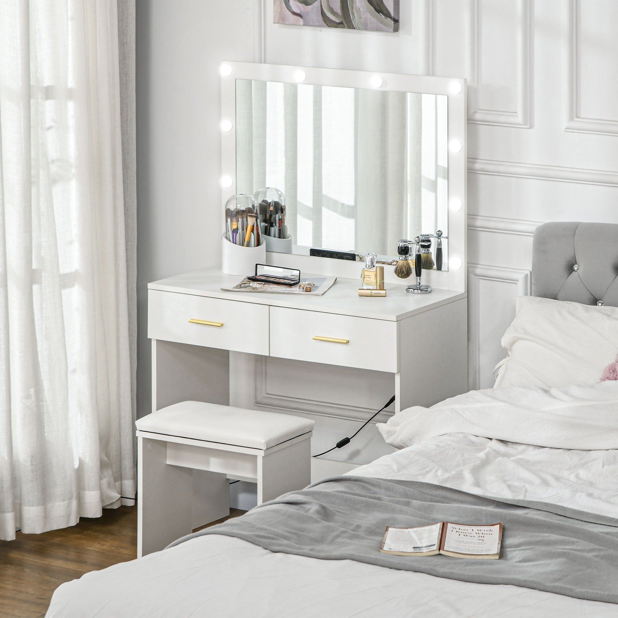 Makeup Vanity Set with Hollywood LED Mirror & Stool - White-DECOROLALA