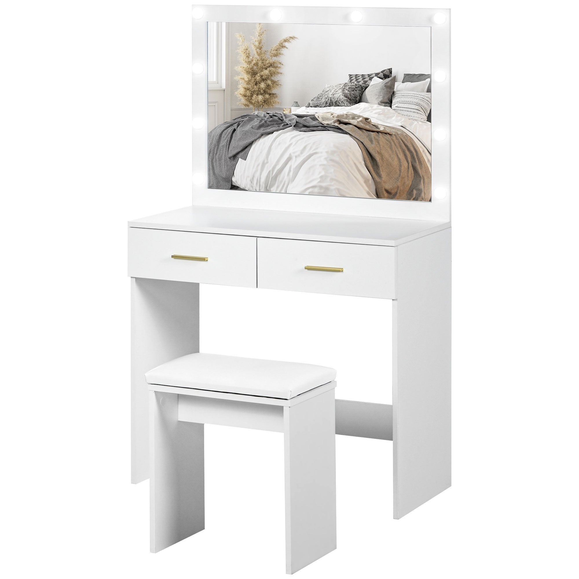 Makeup Vanity Set with Hollywood LED Mirror & Stool - White-DECOROLALA