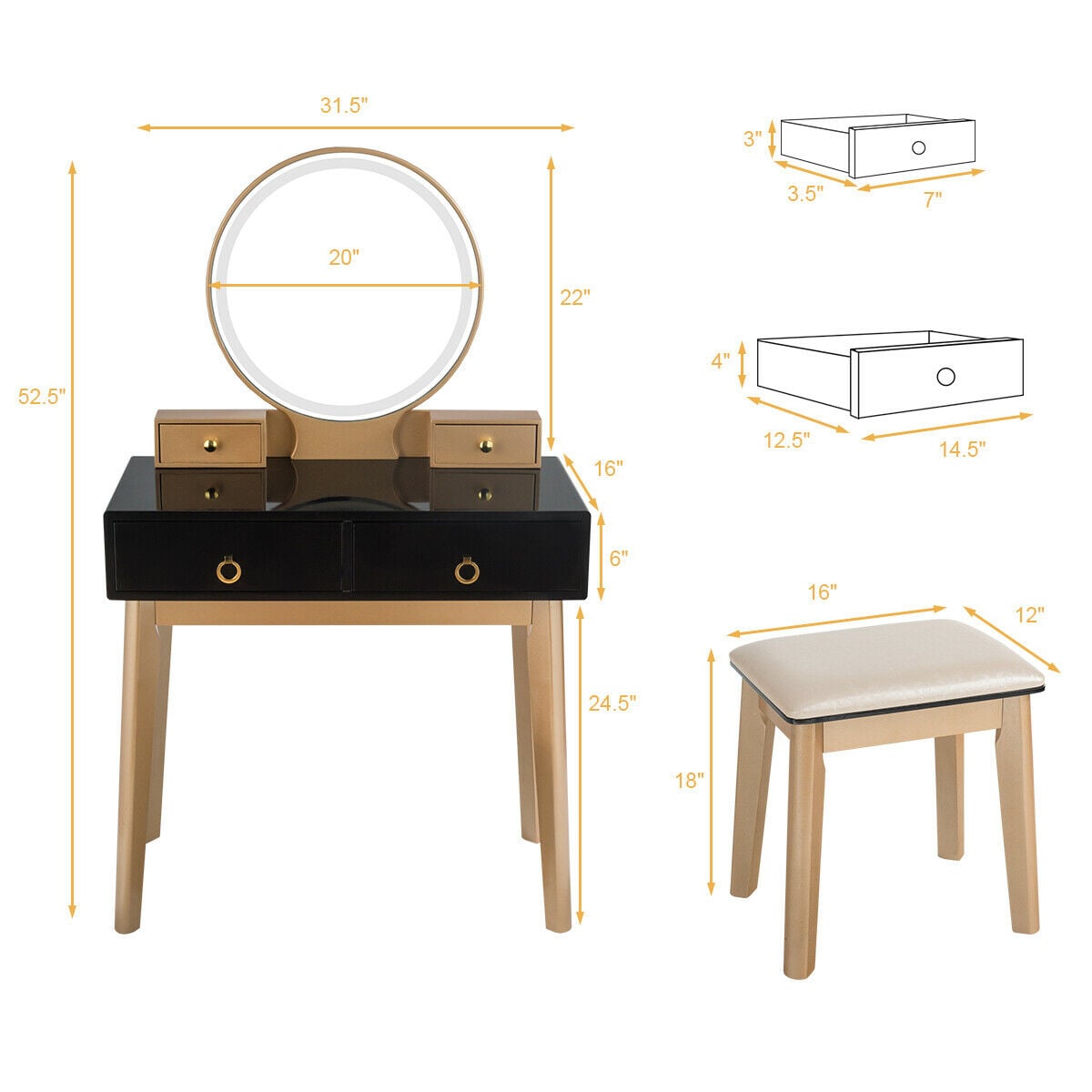 Makeup Vanity Table Set 3 Color Lighting Dressing Table-Black-Makeup Vanities-DECOROLALA